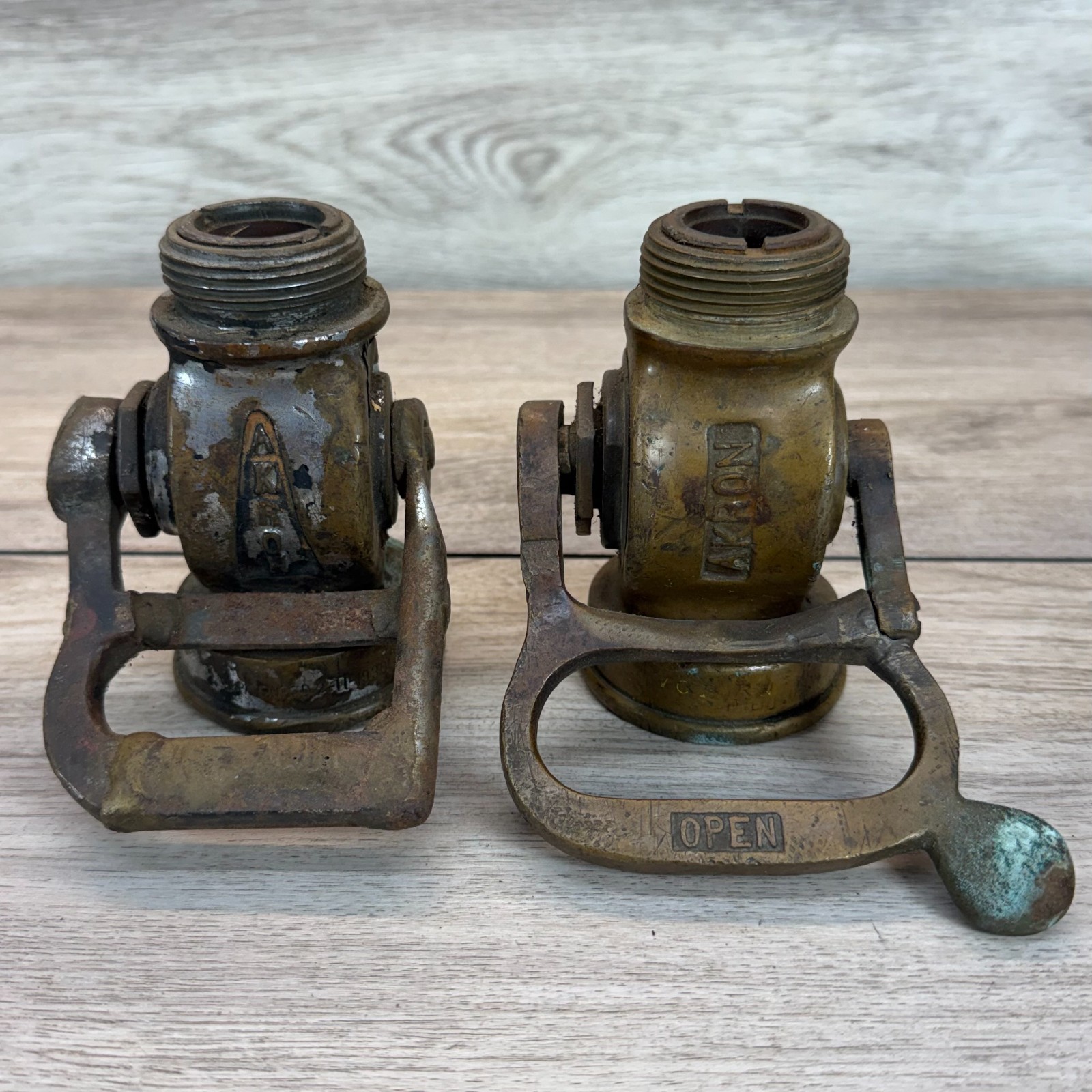 Vintage Akron Brass Fire Hose Shutoff Valves 1930 Patent Nozzle Parts Lot of 2 Vintage Akron Brass Fire Hose Shutoff Valves 1930 Patent Nozzle Parts Lot of 2