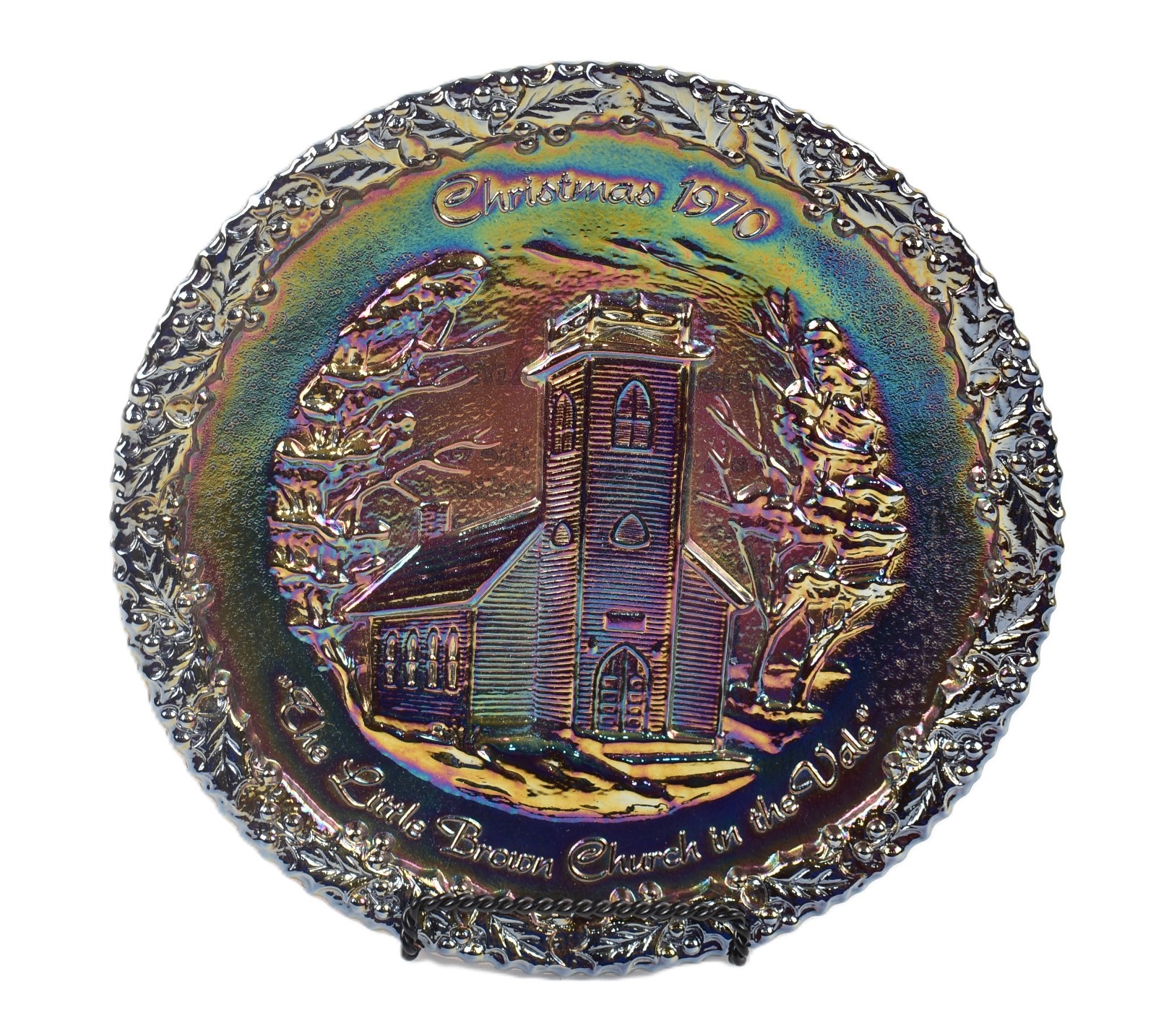 Vintage 1970 Fenton Amethyst Carnival Glass Christmas Plate Little Brown Church