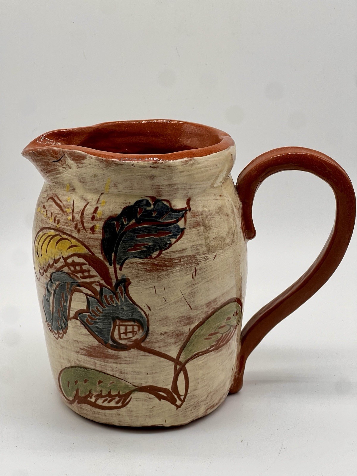 VTG Welden Redware Pitcher PA Dutch Tulip “Can’t Sell the Cow” Motto