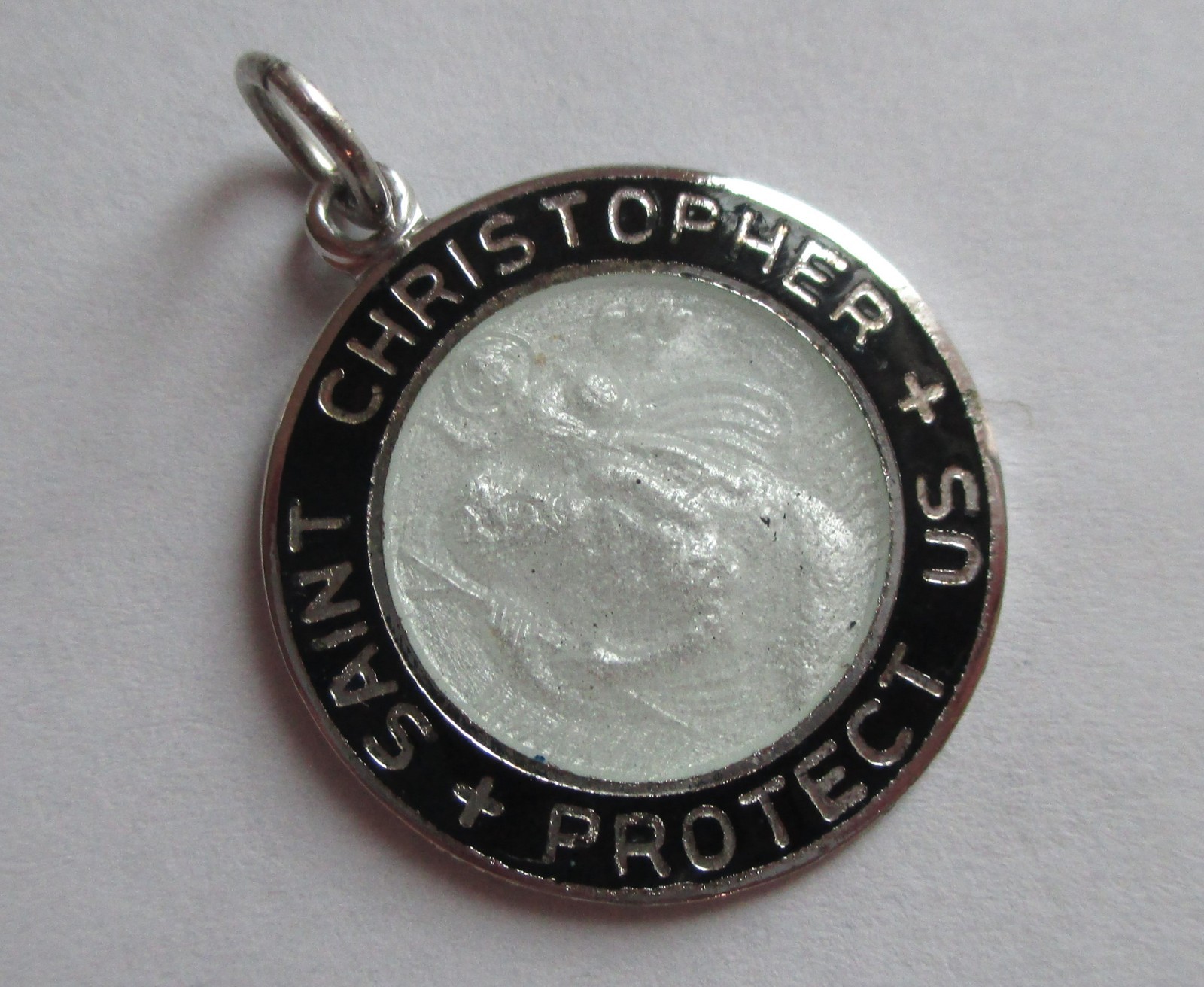 7/8in VINTAGE STERLING SILVER GUILLOCHE ENAMEL SAINT CHRISTOPHER MEDAL CHARM