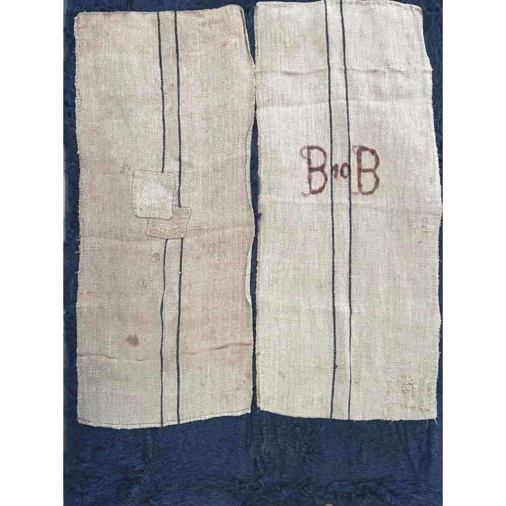 Antique Grain Sack Pair Handwoven Linen Burlap B no B Monogram Blue Stripe