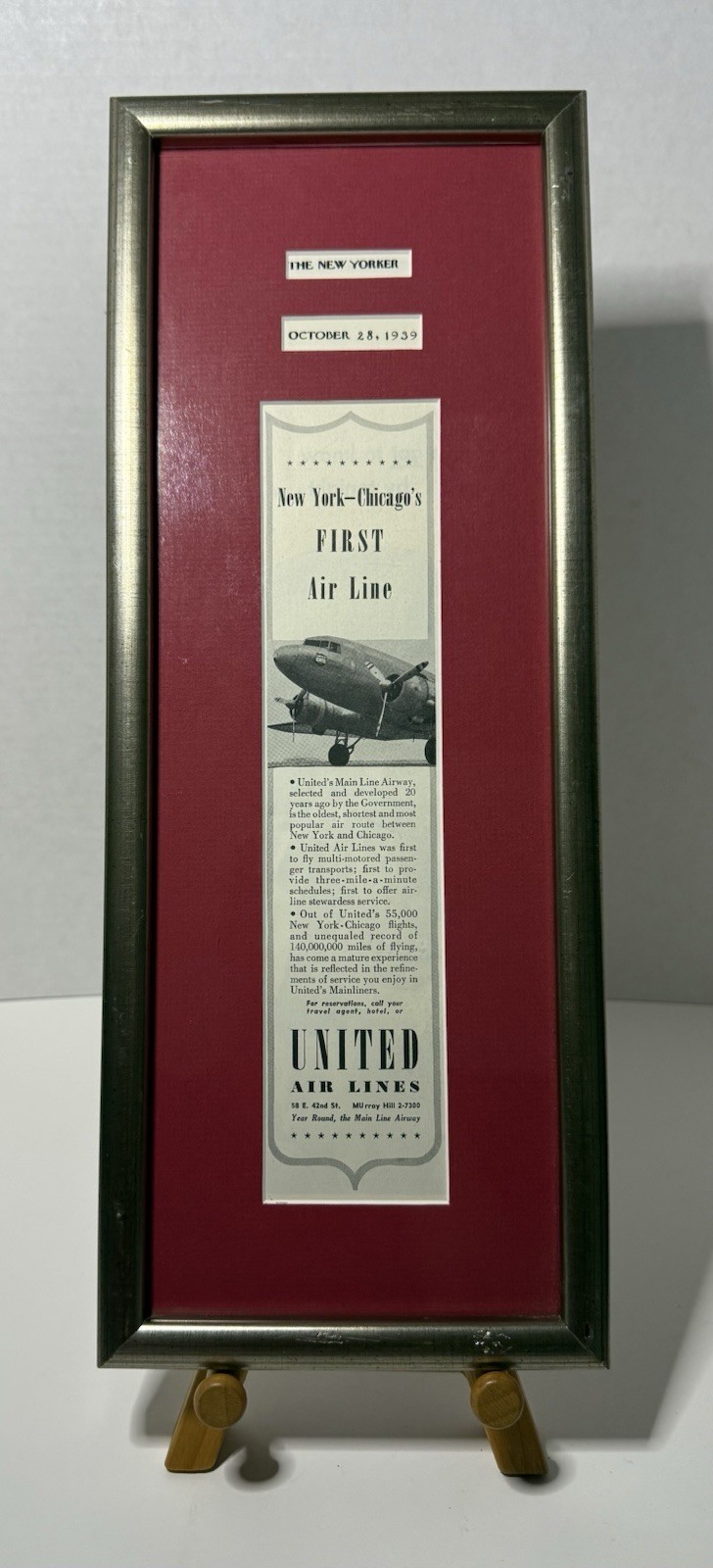 1939 United Airlines DC-3 Mainliner Framed Ad New Yorker Vintage Aviation
