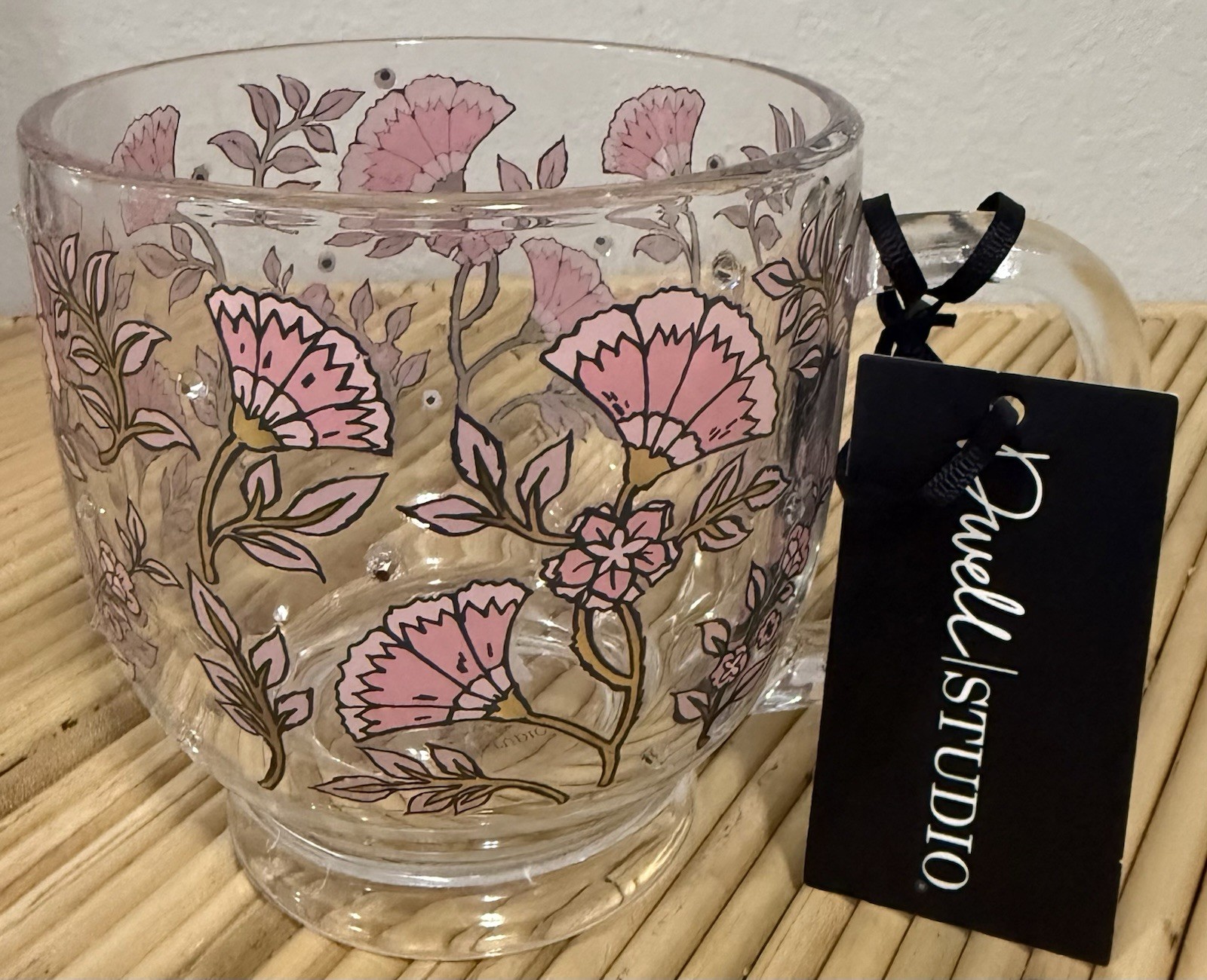 Dwell Studio Clear Glass Footed Mug Blue Floral & Rhinestones Dwell Studio Clear Glass Footed Mug Blue Floral & Rhinestones