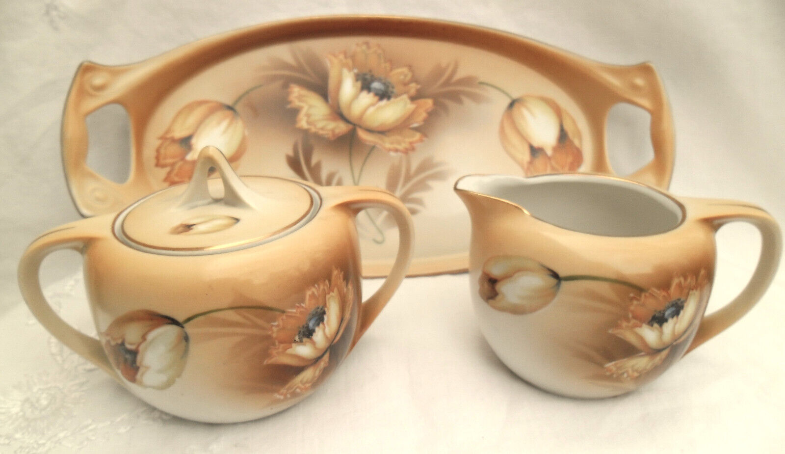 Vintage R S Germany Yellow Floral Hand Painted Sugar Creamer & Tray Porcelain