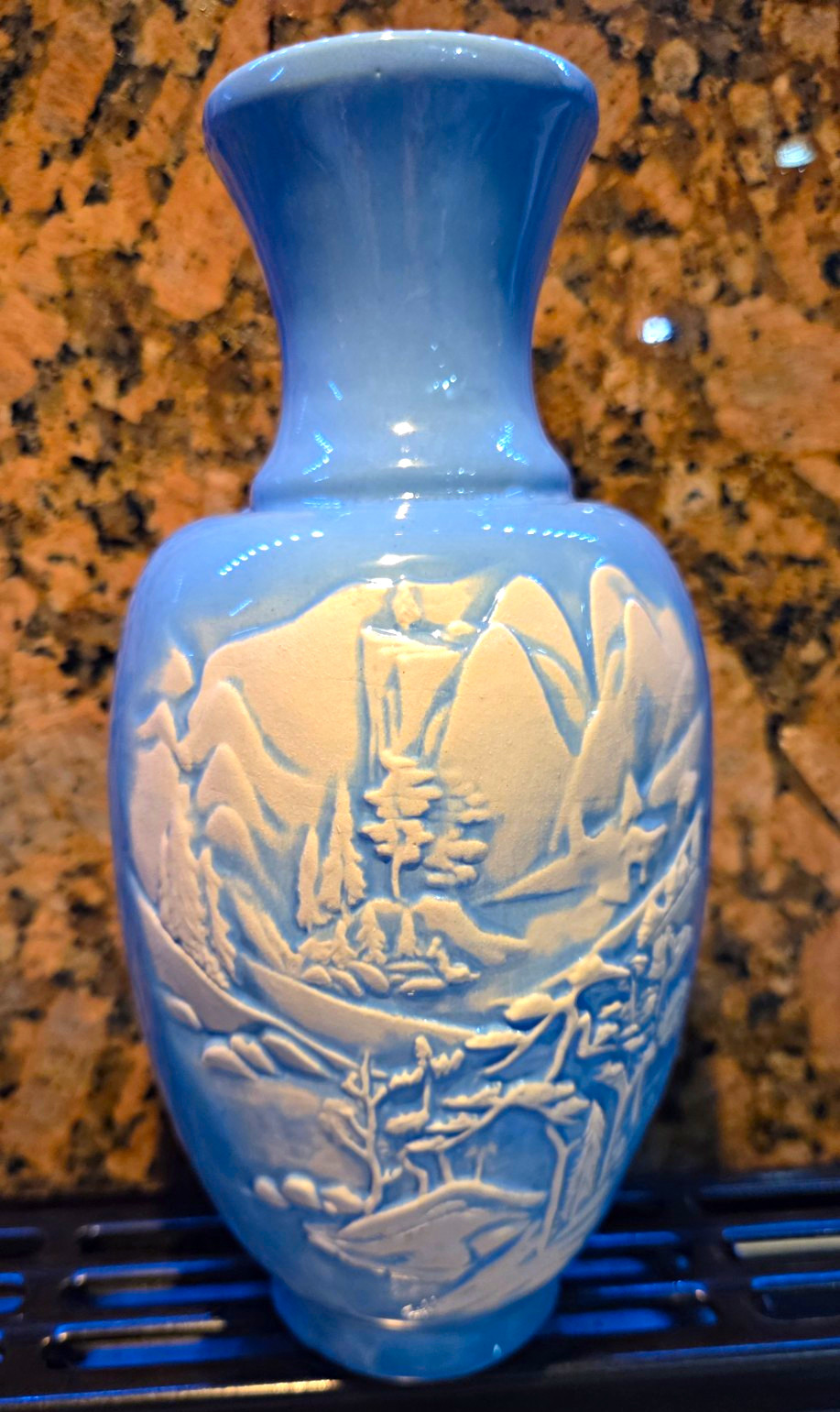 Blue & White Glossy Ceramic Vase, Mountain Landscape Relief Decorative, 7.5\ Blue & White Glossy Ceramic Vase, Mountain Landscape Relief Decorative, 7.5\