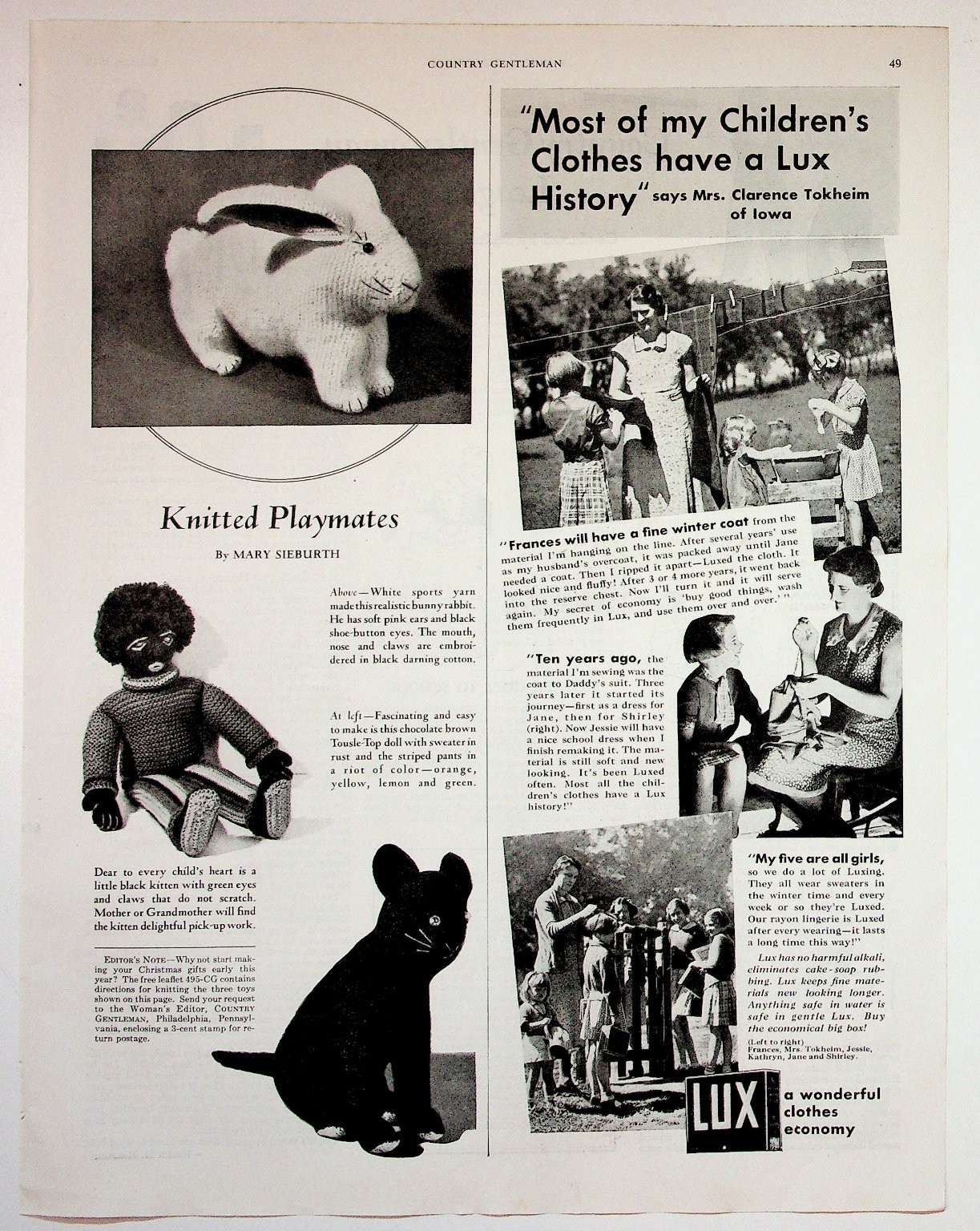 1938 Lux Vintage Print Advertisement 10x13 Knitted Playmates Bunny Cat