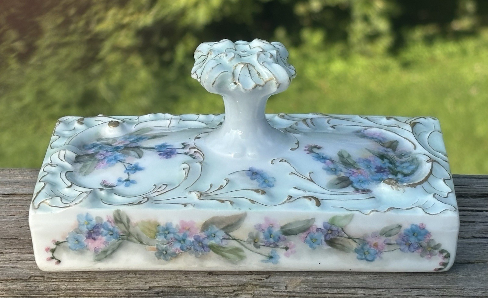 Atq Porcelain Paper Weight Hand Painted Blue Pink Flowers Gilding T&V Limoges
