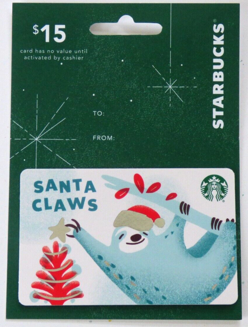 STARBUCKS Gift Card Santa Claws Sloth on Hanger - Christmas 2018, 2019 -No Value