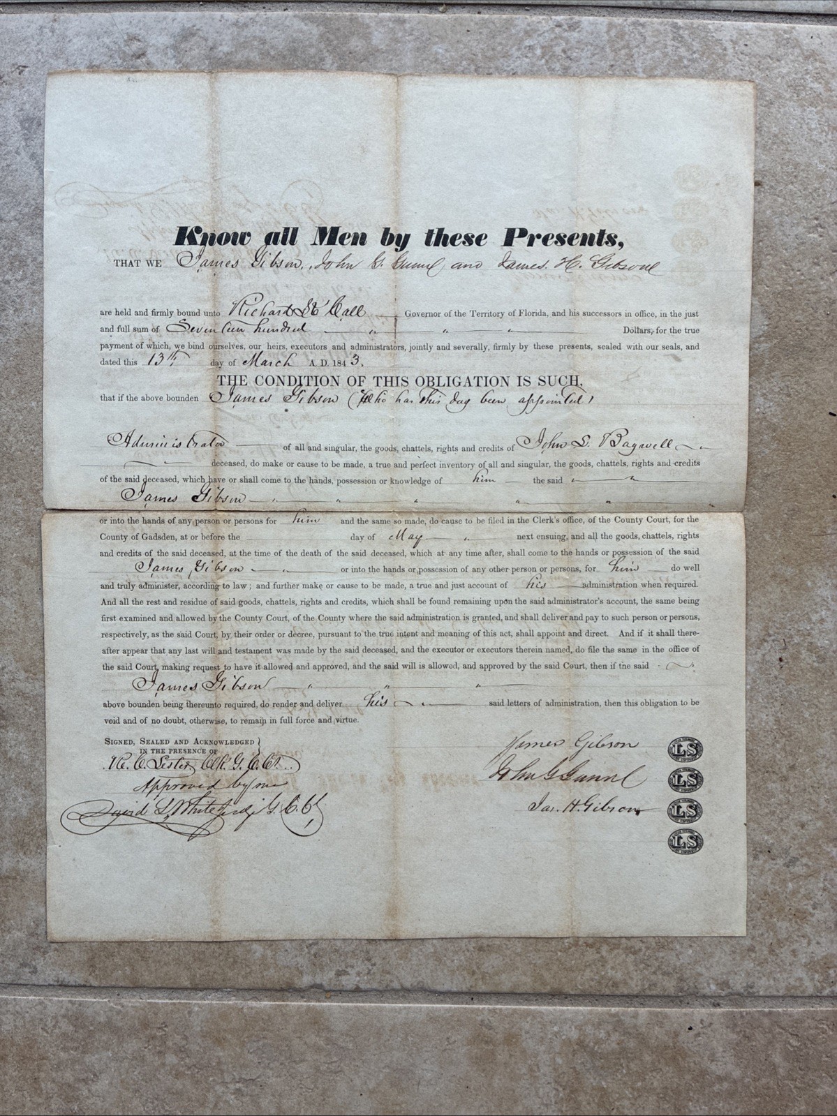 1843 Florida Pre Statehood Document Early Governors Very Rare Fla,