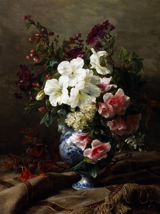 Huge oil painting beautiful spring flowers in blue and white porcelain vase Huge oil painting beautiful spring flowers in blue and white porcelain vase