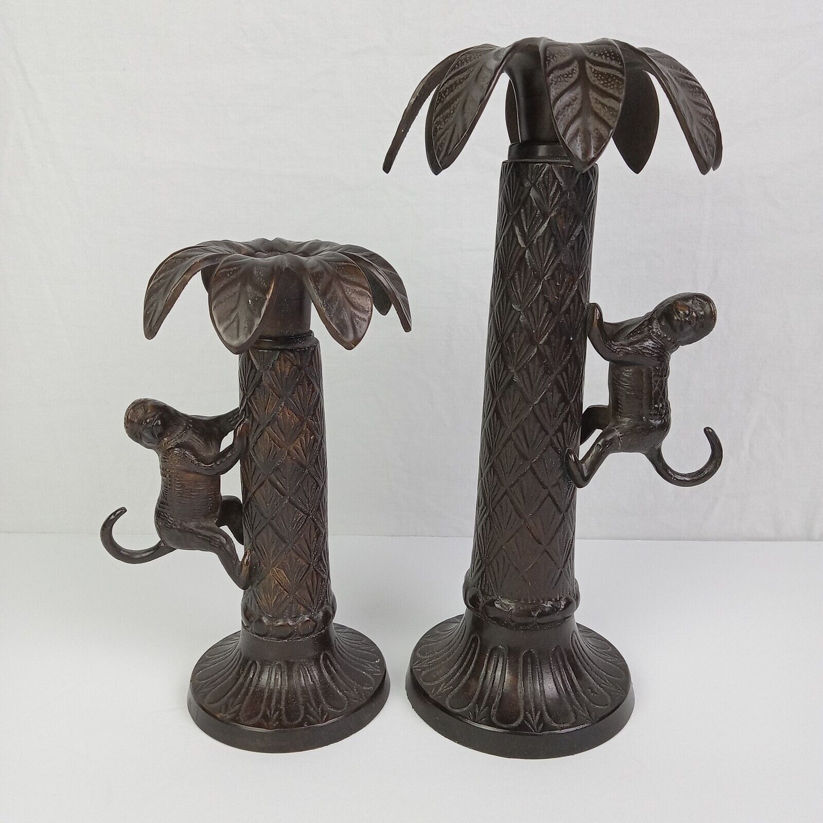 Vtg Set 2 Bombay Monkey Palm Tree Candle Holders Dark Cast Bronze Brass India