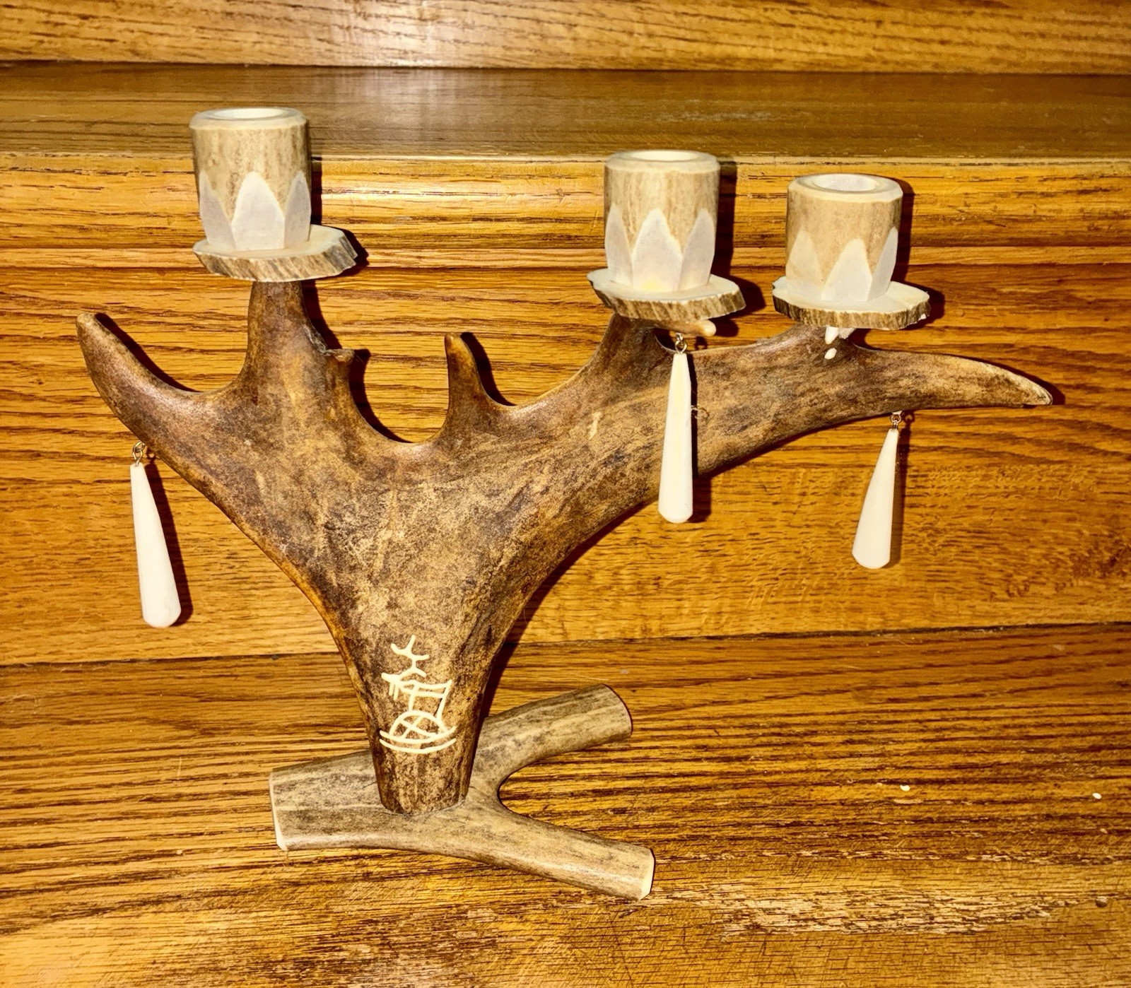 Vtg Sami Nordic Reindeer Antler Candlestick 3 Arm Candelabra Carved Folk Art