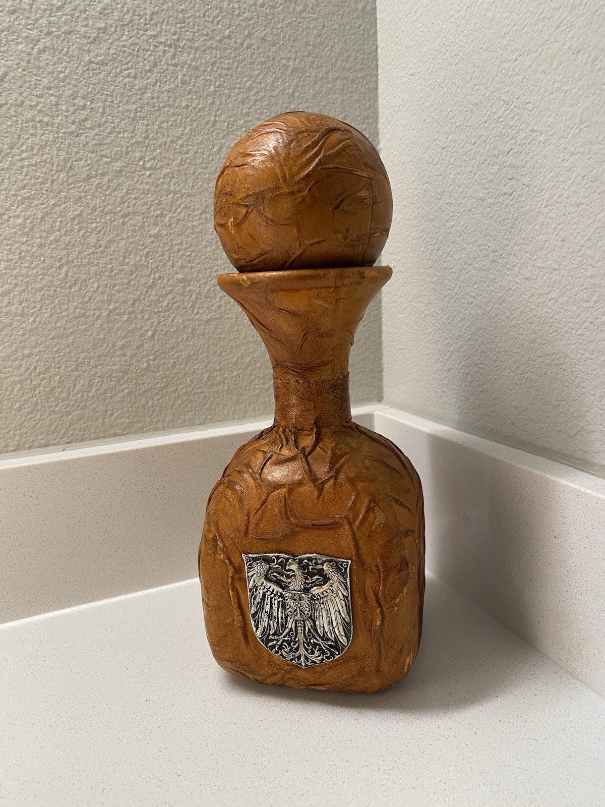 Vtg Italian Leather Wrapped Decanter Glass Bottle Premium Bookcase Shelf Decor