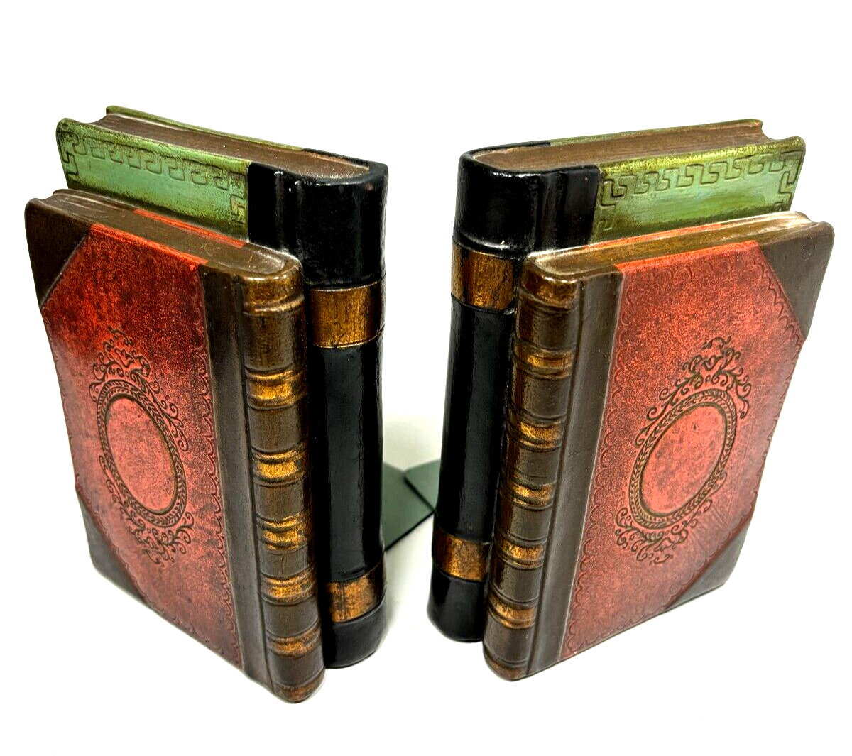 Antique Pair Borghese Faux Leather Bound Plaster Metal Books Sculptures Bookends