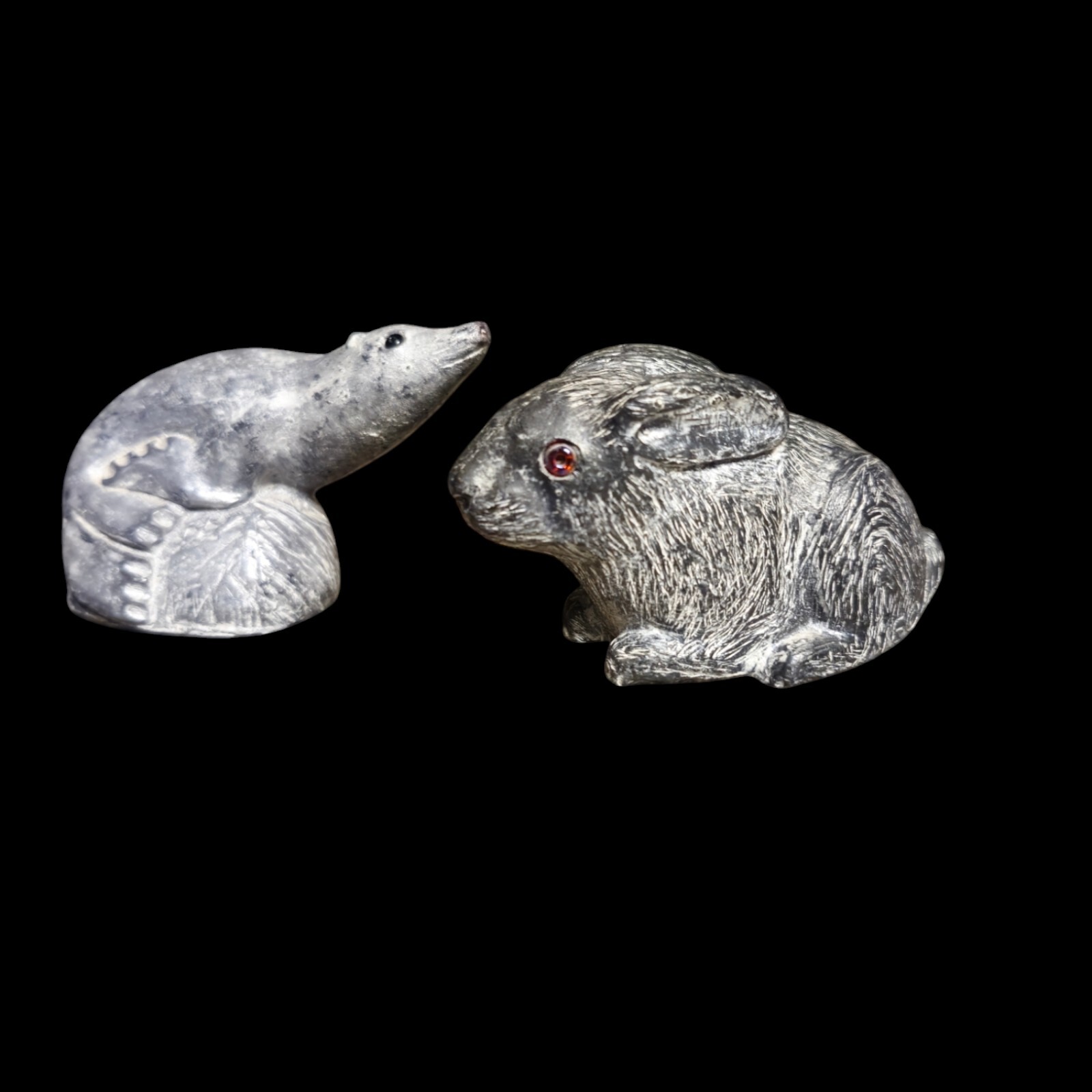 Pr Vtg A Wolf Original Soapstone Sculpture Seal Black Eyes Rabbit Red Eyed 
