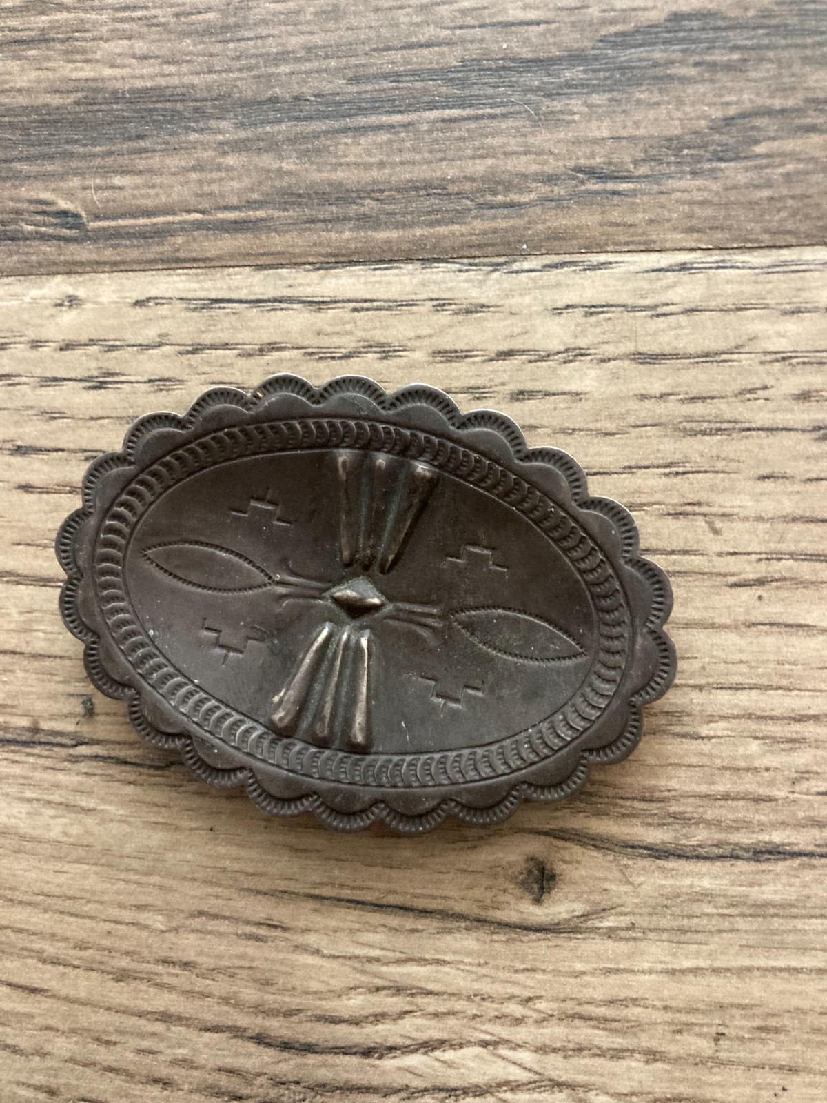 Vintage Southwestern Stamped Repousse Concho Signed LJ Navajo Style Scalloped