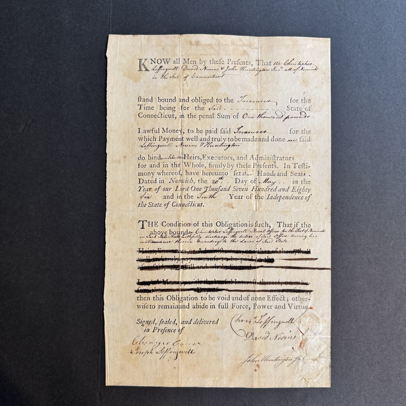 1786 Revolutionary Era Connecticut Naval Officer Bond - Leffingwell Signed