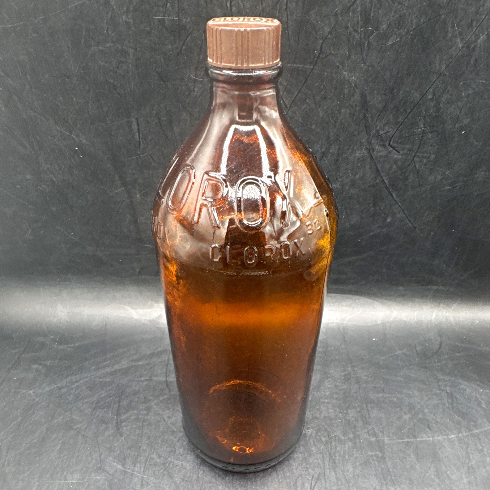 Clorox Vintage Amber Glass Advertising Bottle w/ Cap Pat 8-30-50 Embossed