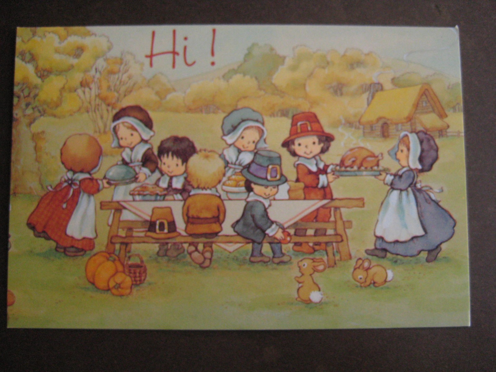 UNUSED vintage greeting card THANKSGIVING Cute Pilgrims at Thanksgiving Dinner