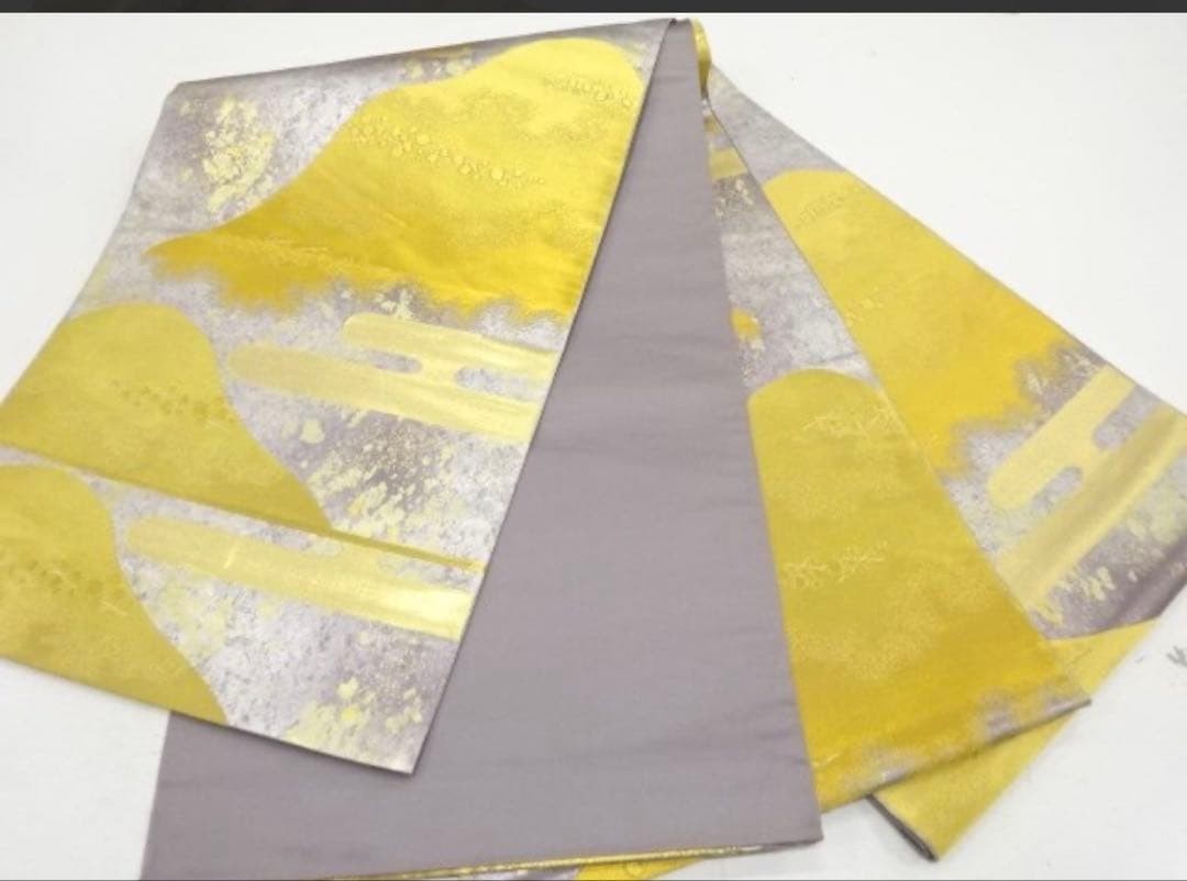 Dojin Nishijin Weaving Gray Silk Fukuro Obi with Gold and Silver Accents