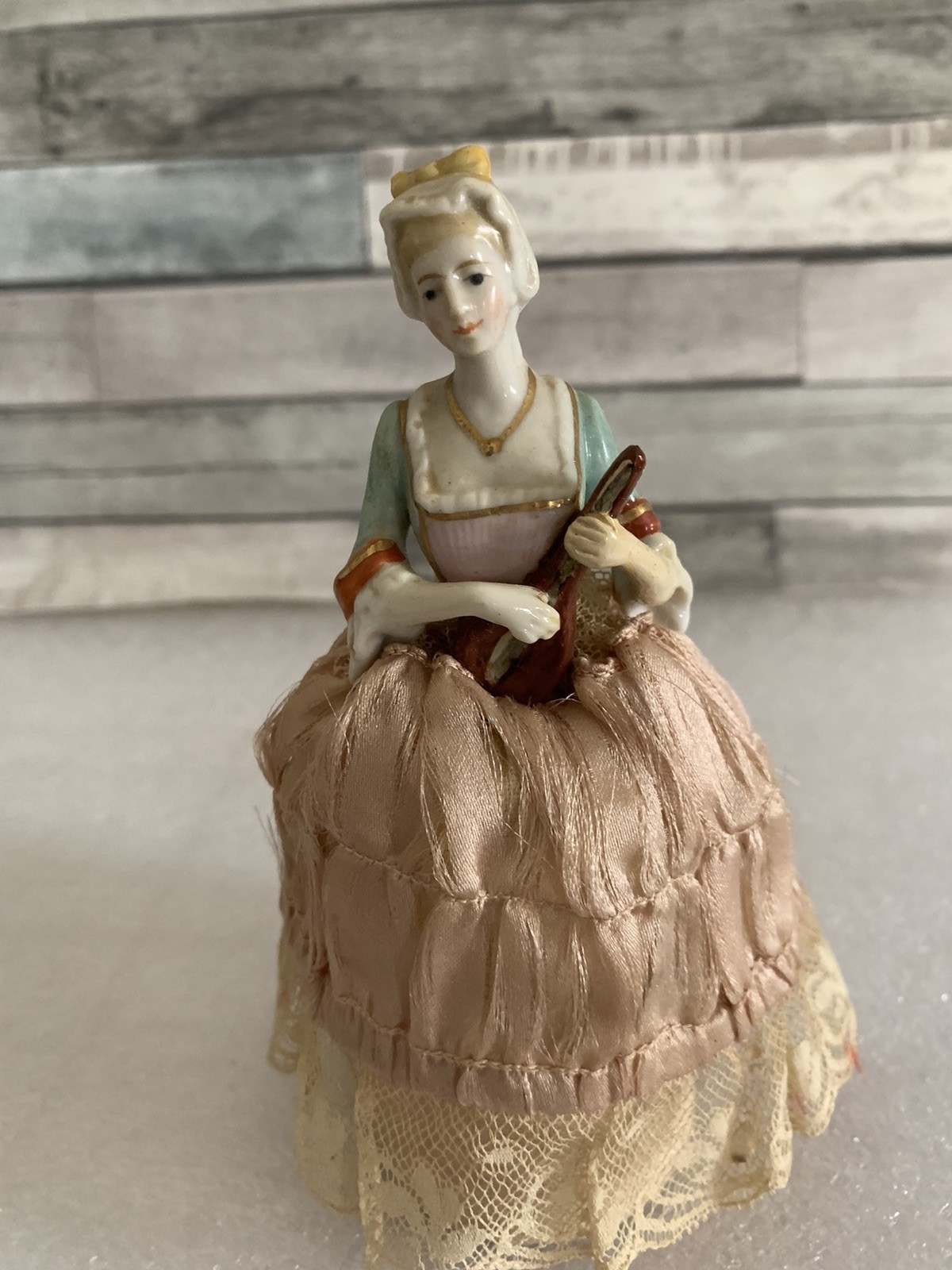 Antique Porcelain 1920\'s Half Lady Pin Cushion Mandolin Gold Necklace Pink Dress