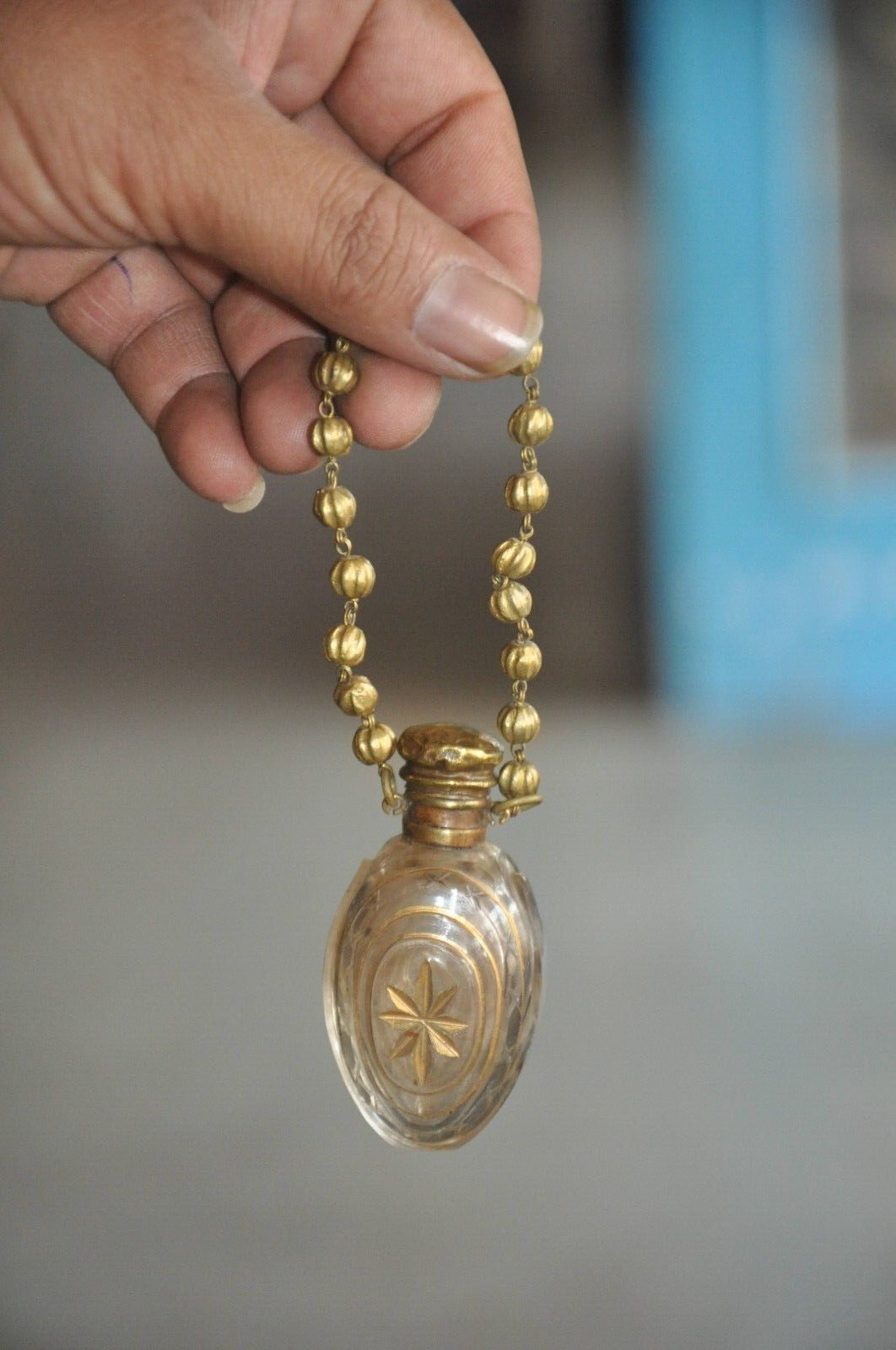 Vintage Cut Glass Oval/Egg Shape Golden Design Perfume Bottle, Collectible