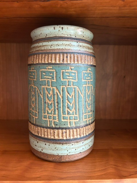 Large Green  Signed Native American Style Vase Pottery with Corn Maiden Theme