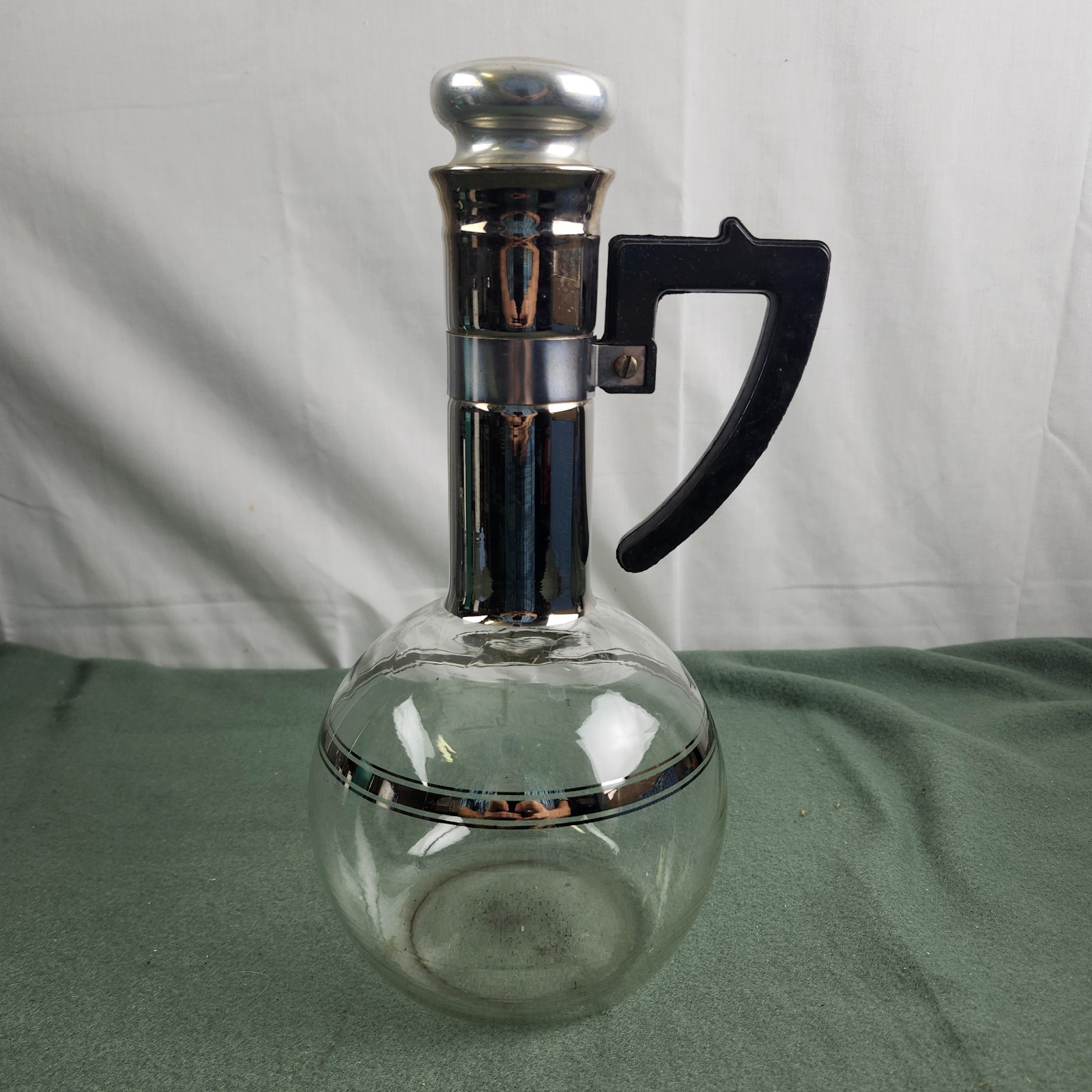 Vintage Inland Glass Carafe MCM Coffee 2 Cup Silver Tone w/Stopper Bakelite
