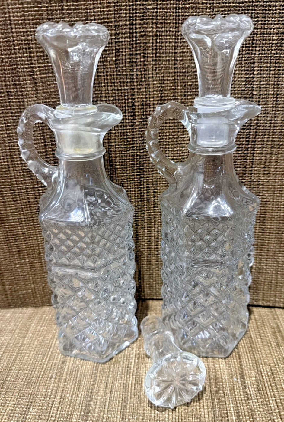 Pressed Glass Cruet Set w/ Stoppers Star Pattern Clear 6.25