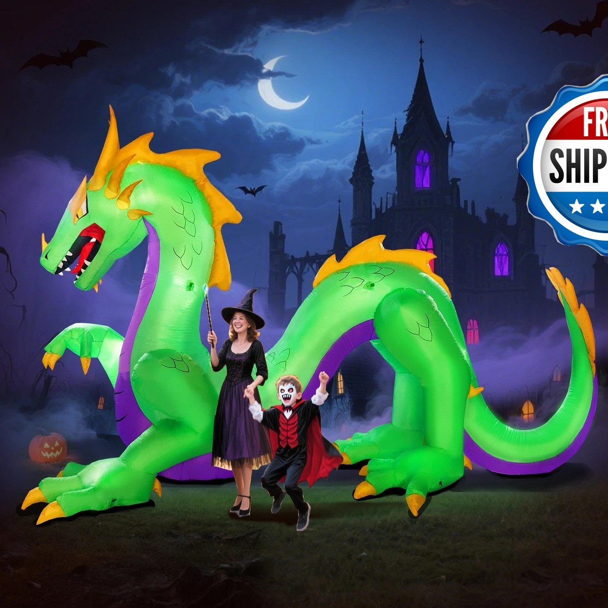 inslife Giant 14FT x 9FT Green Halloween Dragon Inflatable w/ 9 LEDs Blower