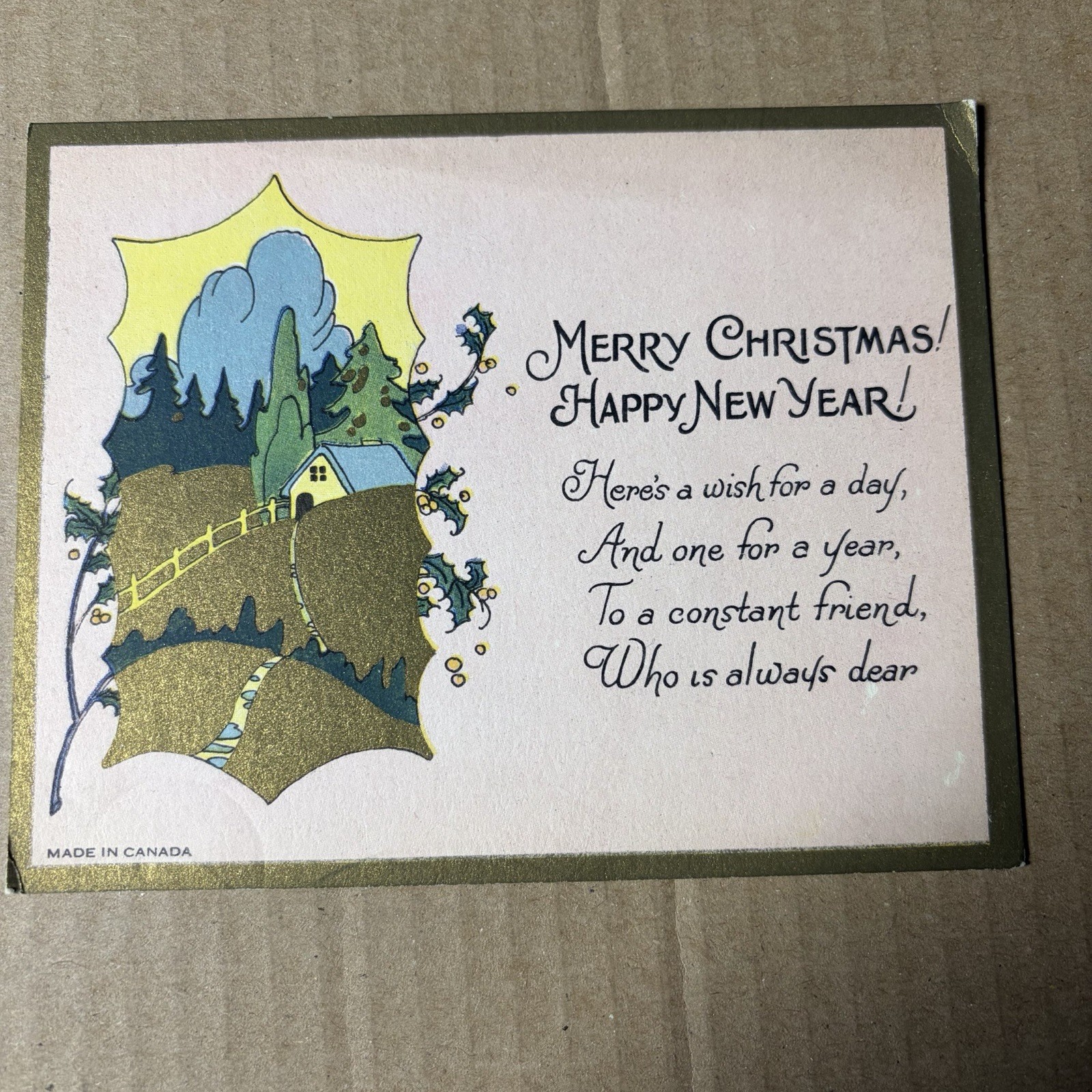 Vintage 1920s Art Deco Christmas Card Cottage Holly Verse Made In Canada