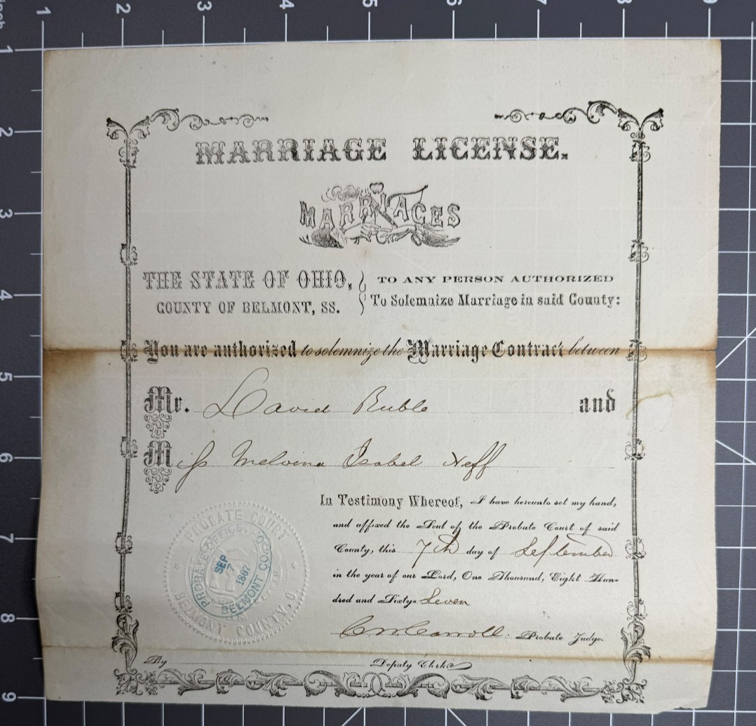1867 Ohio Marriage License David Ruble Melvina Isabel Neff Belmont County