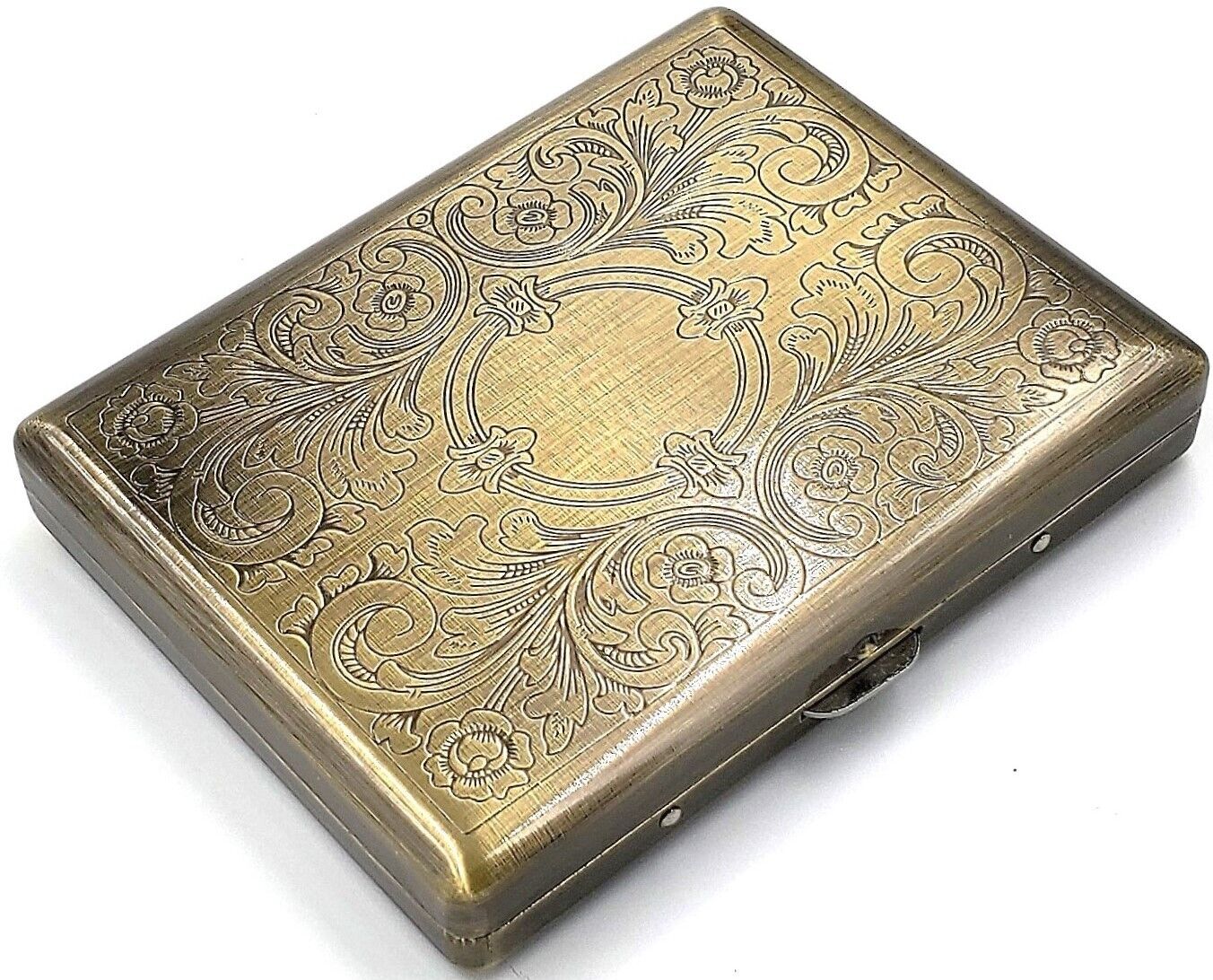 Victorian Style Cigarette Metal Case Double Sided King & 100s Etched Pattern AB