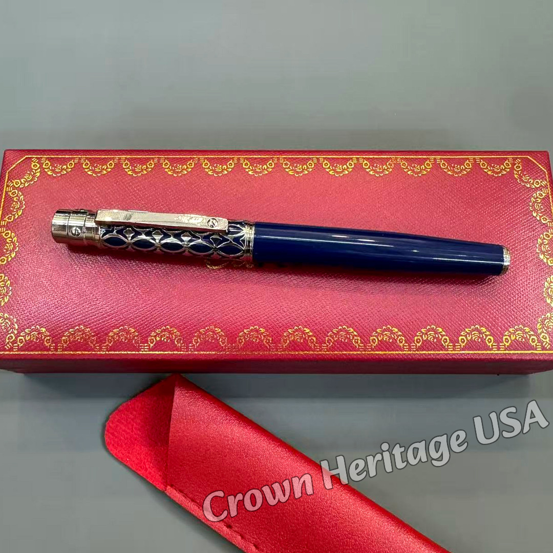 CARTIER Santos Blue Rollerball Pen Silver Trim Logo Cap Luxury Writing Gift
