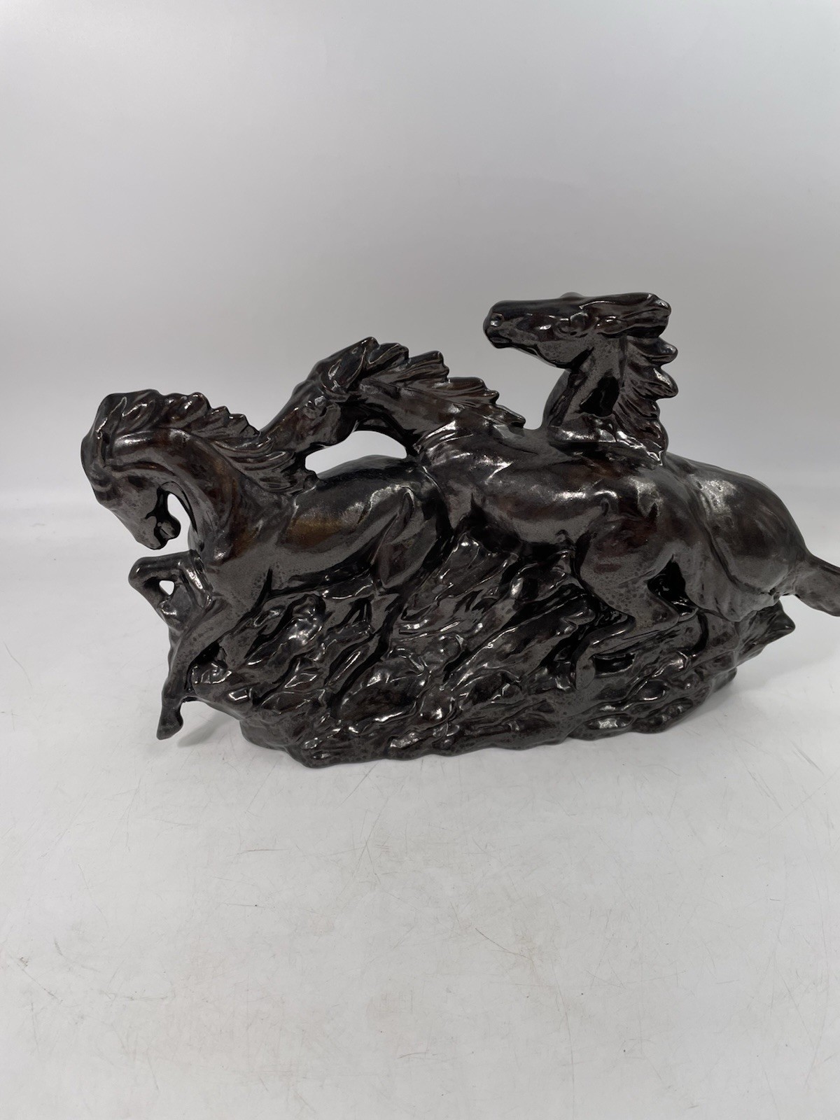 Three Galloping Horses Sculpture Resin Bronze Tone Equestrian Decor