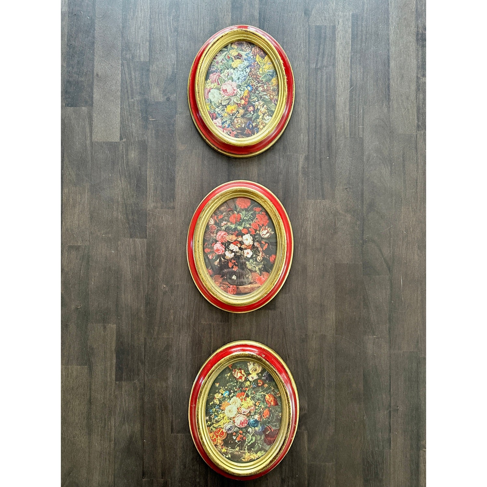 Vintage Norleans Italy Floral Wall Plaques Red Gold Oval Set of 3