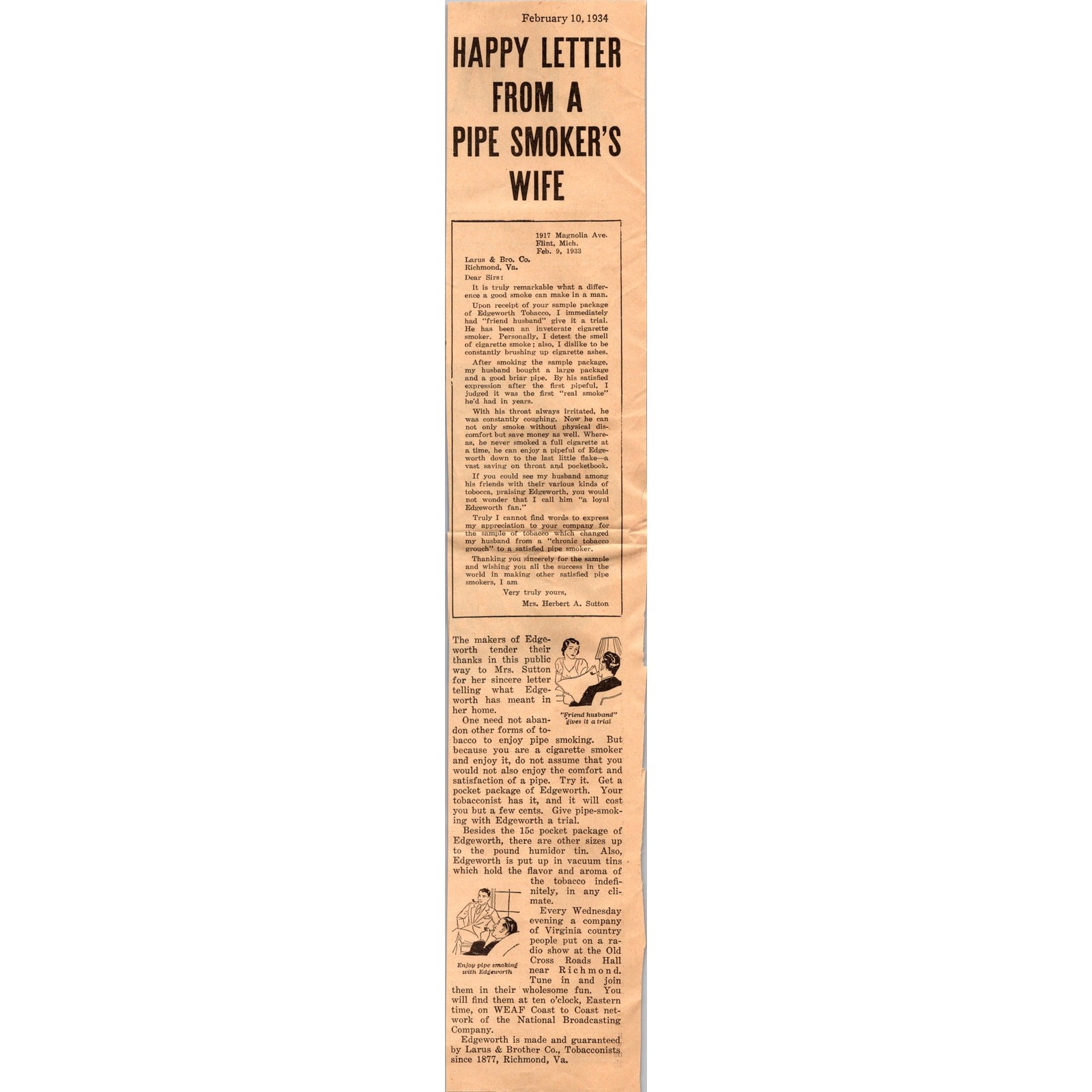 Happy Ltter From A Pipe Smoker\'s Wife Larus & Bro. Co. 1934 Clipping SAH6-8