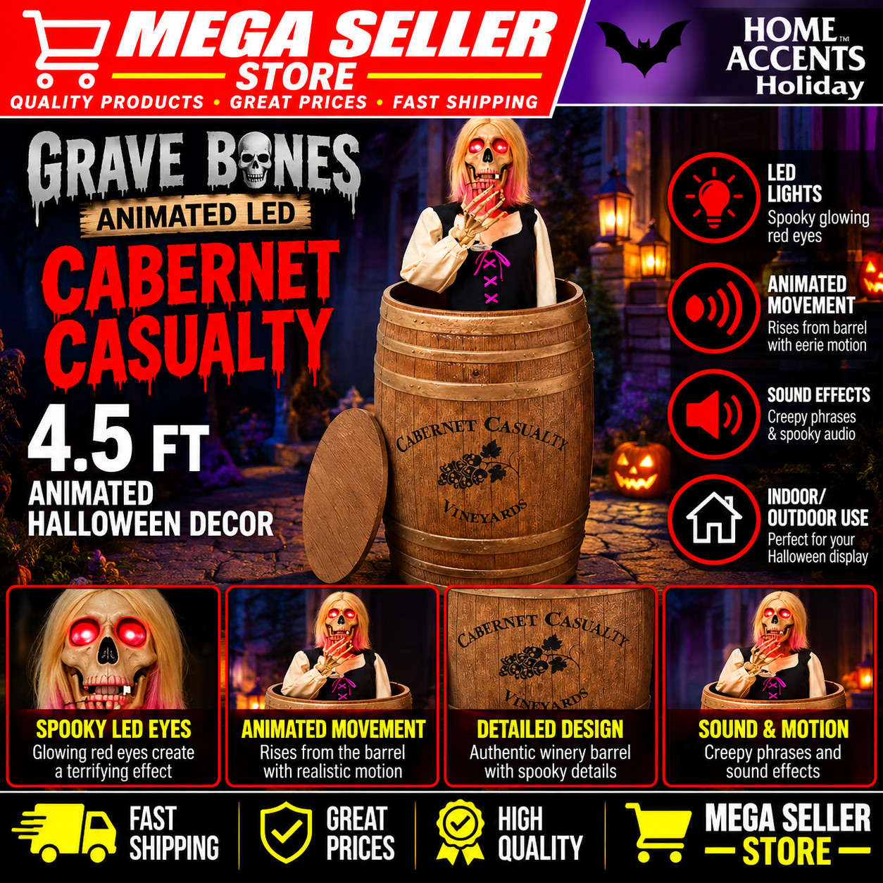 Home Accents 4.5 FT Animated LED Cabernet Casualty Halloween Prop 26SV24841