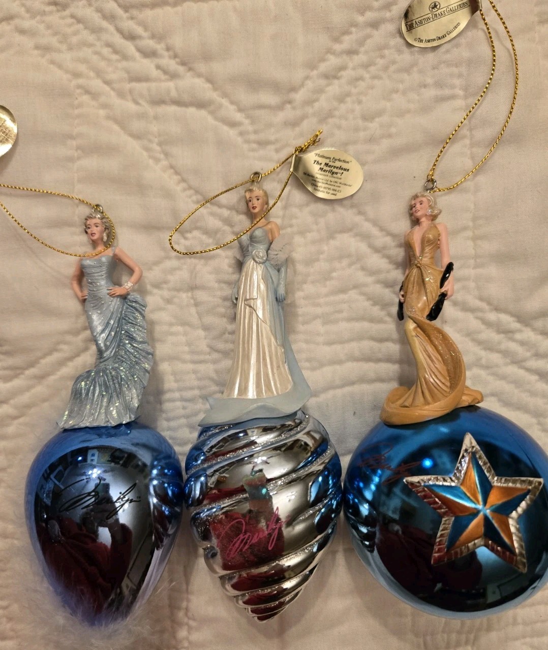 The Ashton Drake Marvelous Marilyn Monroe Ornaments Set of 3 Blue Gold Dresses