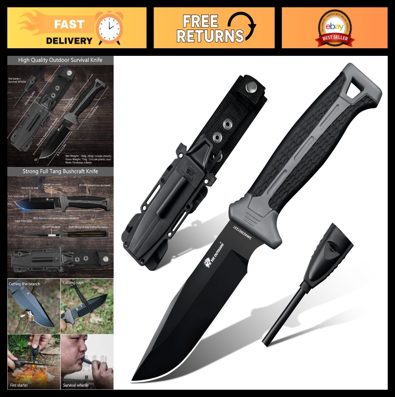 Extra Sharp Survival Knife with Fire Starter, D2 Steel Fixed Blade for Camping,