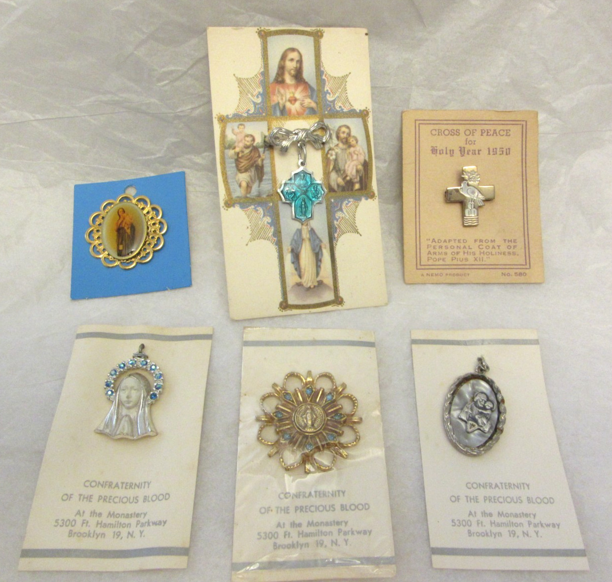VTG Religious 6 Pins & Pendant - Cross of Peace, 3 Confraternity Precious Blood+
