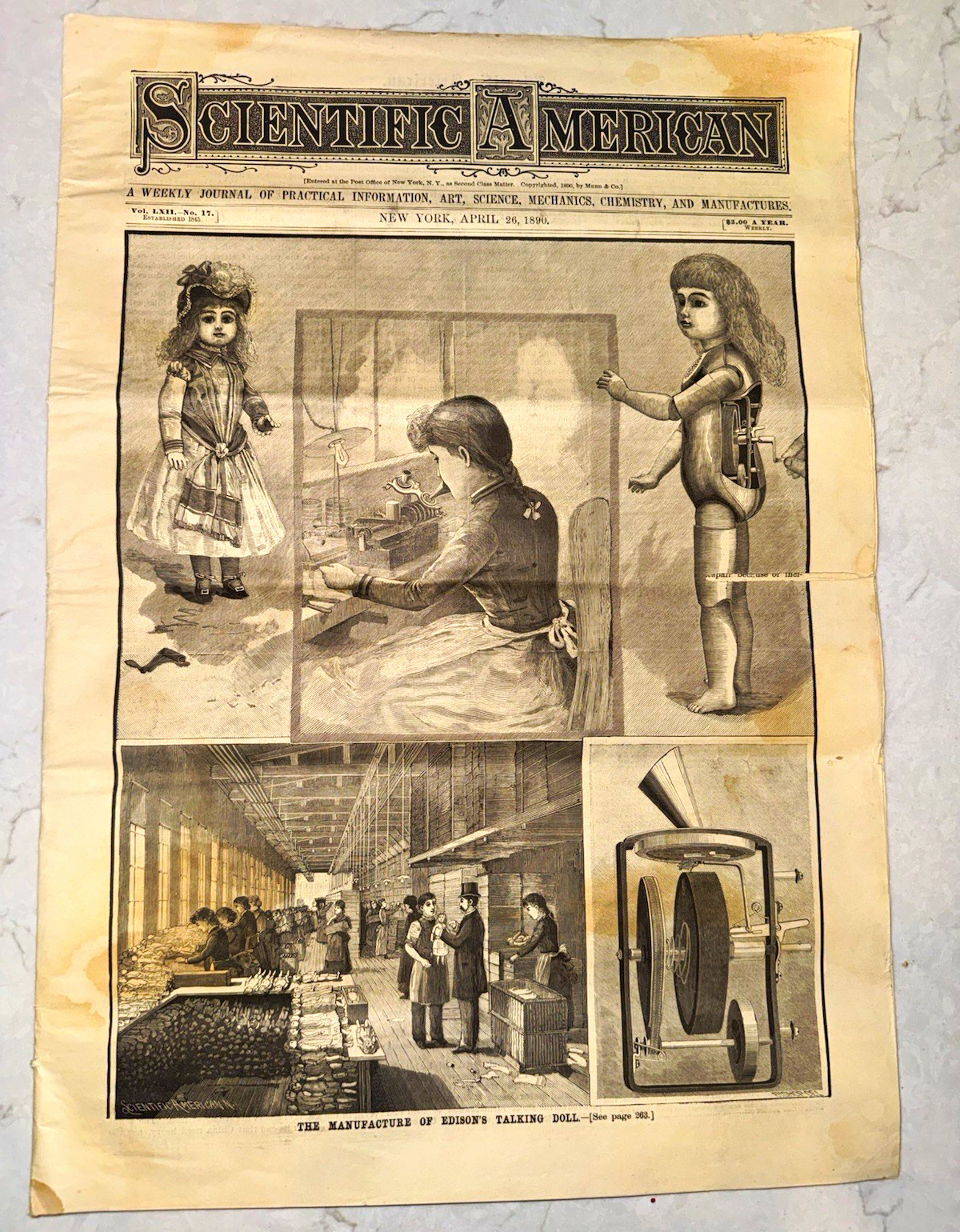 1890 Scientific American THOMAS EDISON TALKING DOLL Phonograph Original Complete 1890 Scientific American THOMAS EDISON TALKING DOLL Phonograph Original Complete