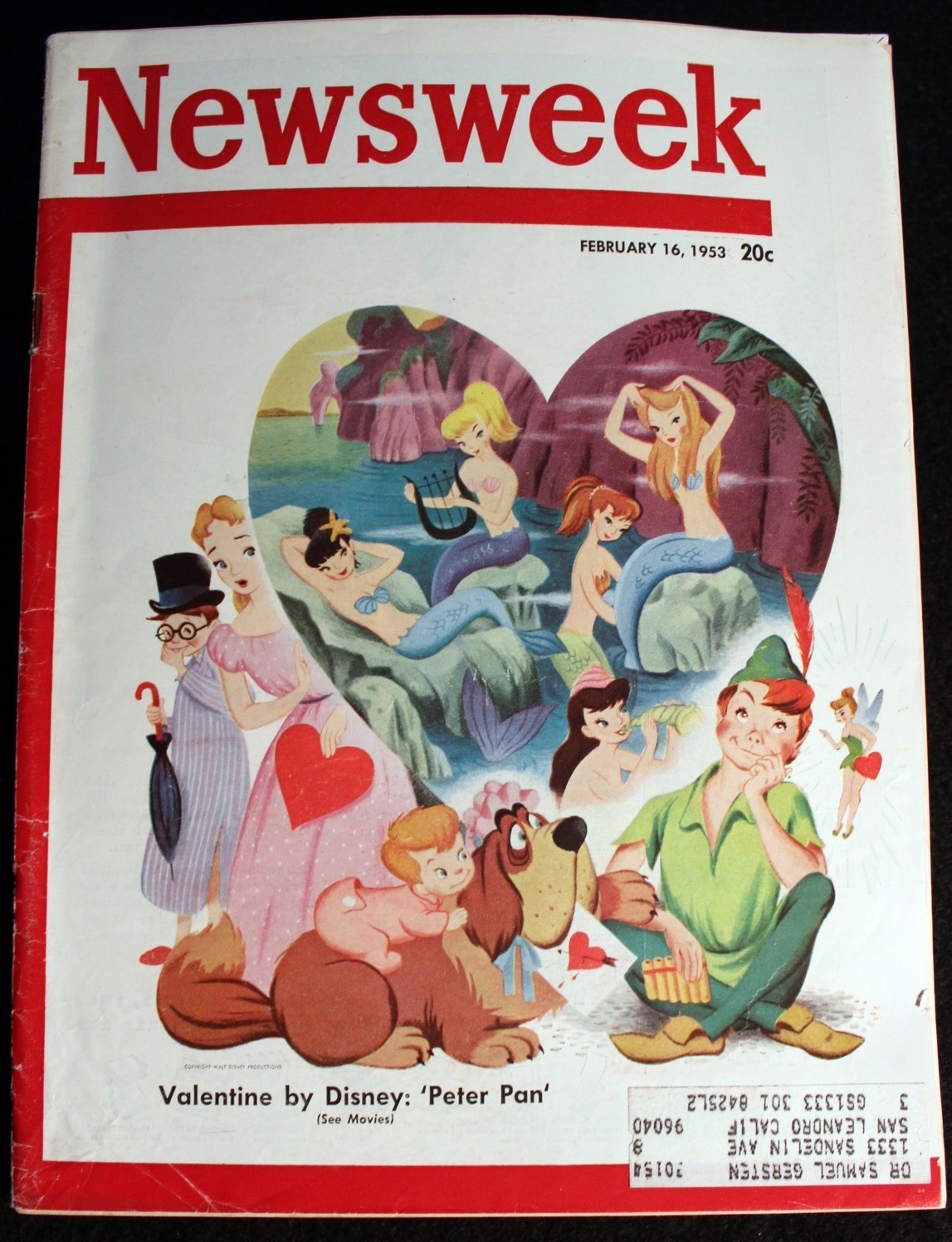 Walt Disney Feb 1953 Peter Pan Tinker Bell Animation Valentine Newsweek Magazine