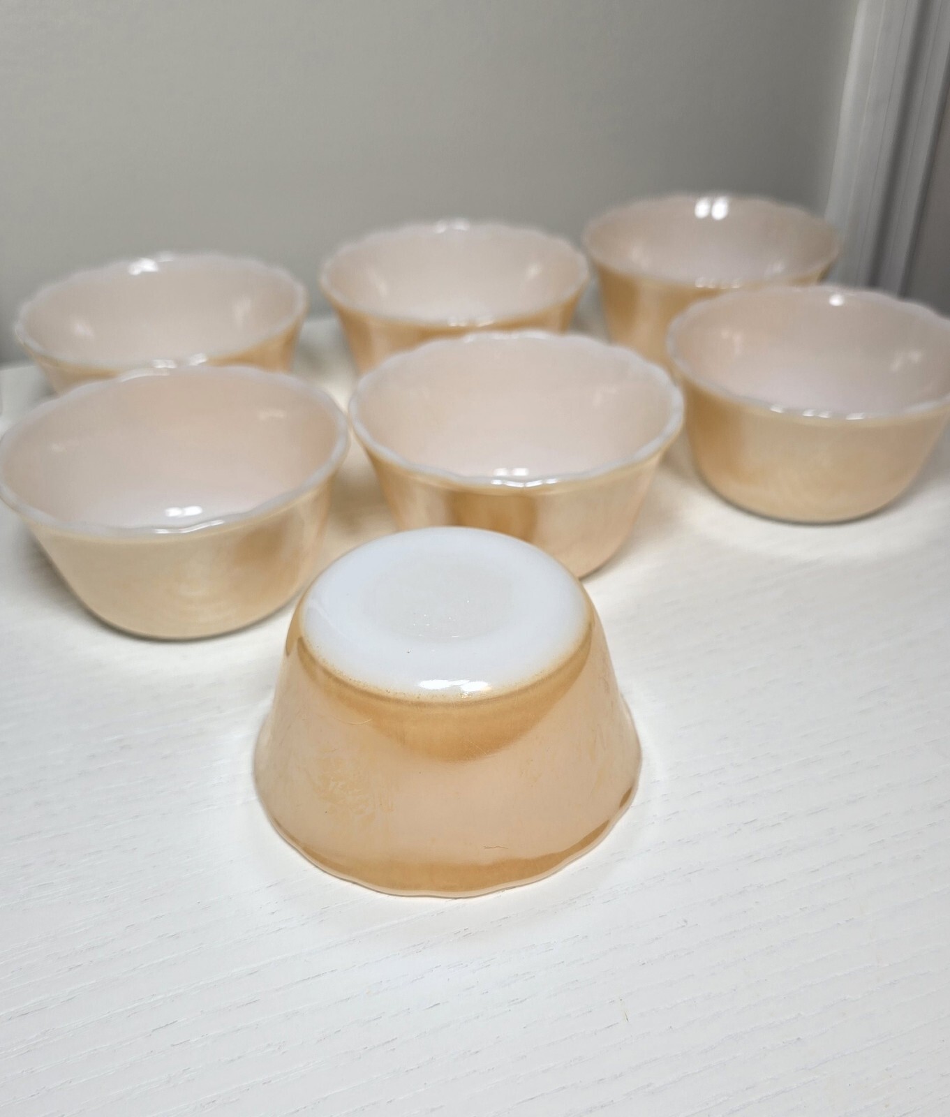 Vintage Reverse Stamps Fire King Peach Lustre Custard Ramekin Cups Lot of 7 Vintage Reverse Stamps Fire King Peach Lustre Custard Ramekin Cups Lot of 7