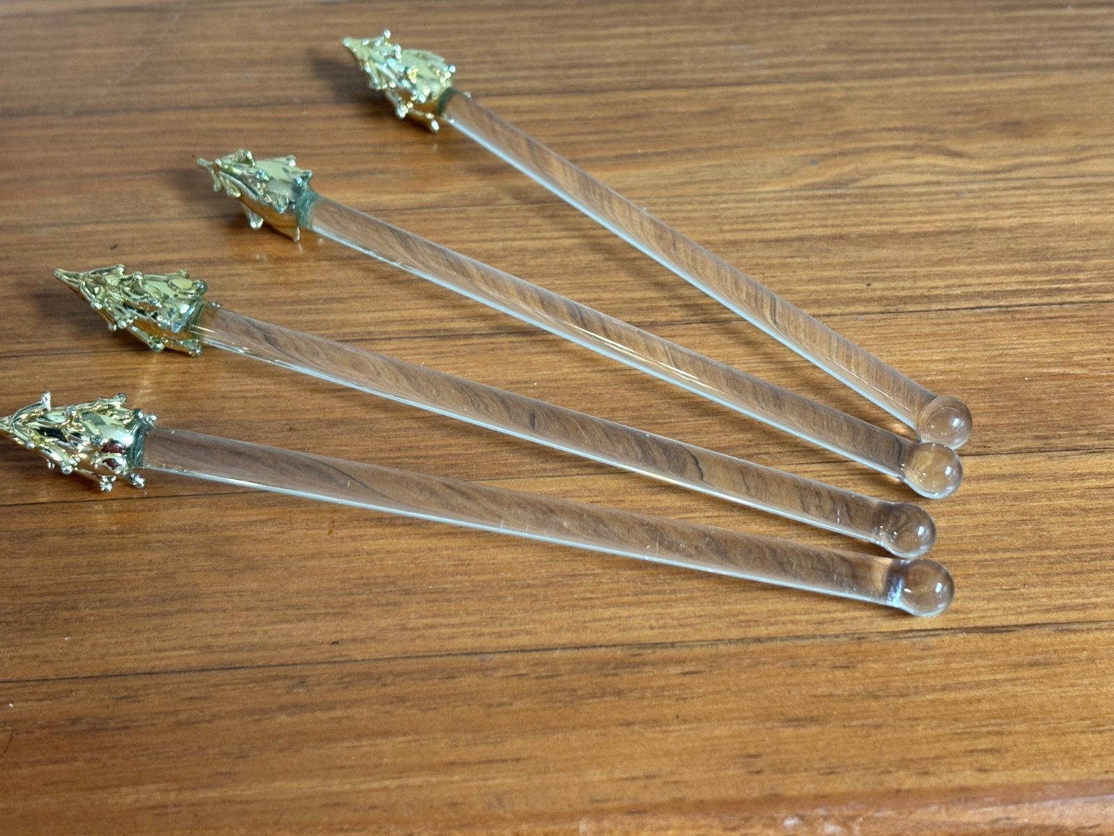 Set of 4 Vintage Clear Glass Cocktail Swizzle Sticks with Gold Christmas Tree