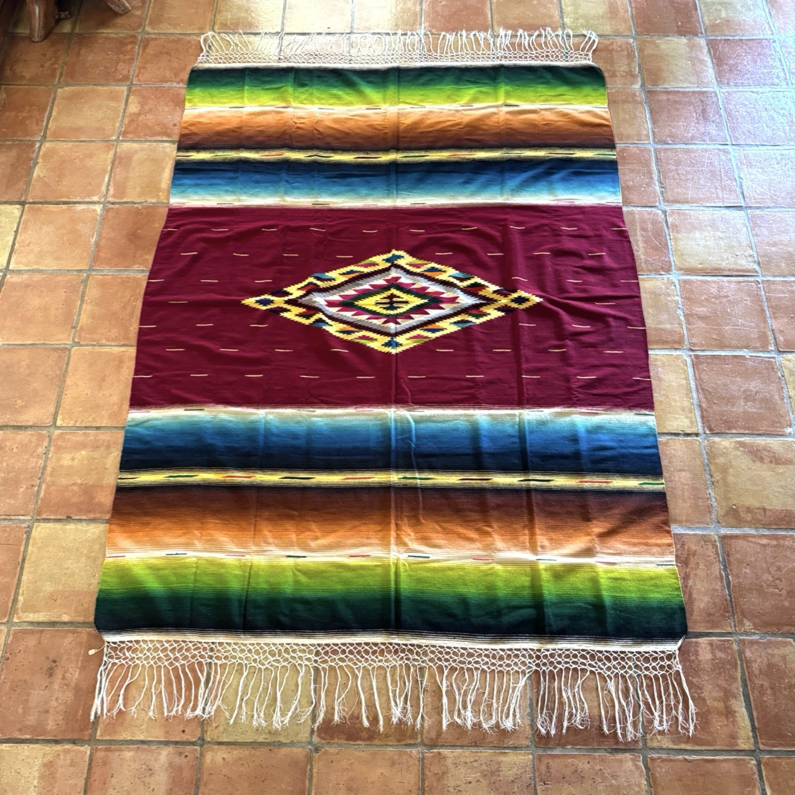 Vintage 1930s 40s Mexican Saltillo Serape 89 X 66 Wool Blanket Weaving Textile