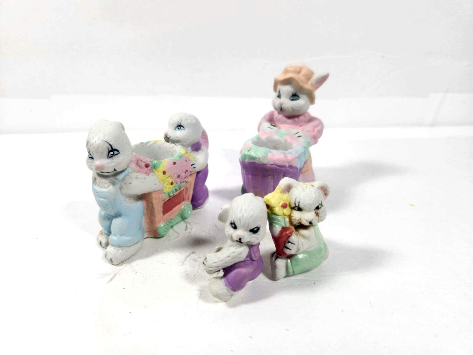 Vintage Ceramic Easter Bunny Candle Holder Figurines & 2 Baby Candle Climbers_BM