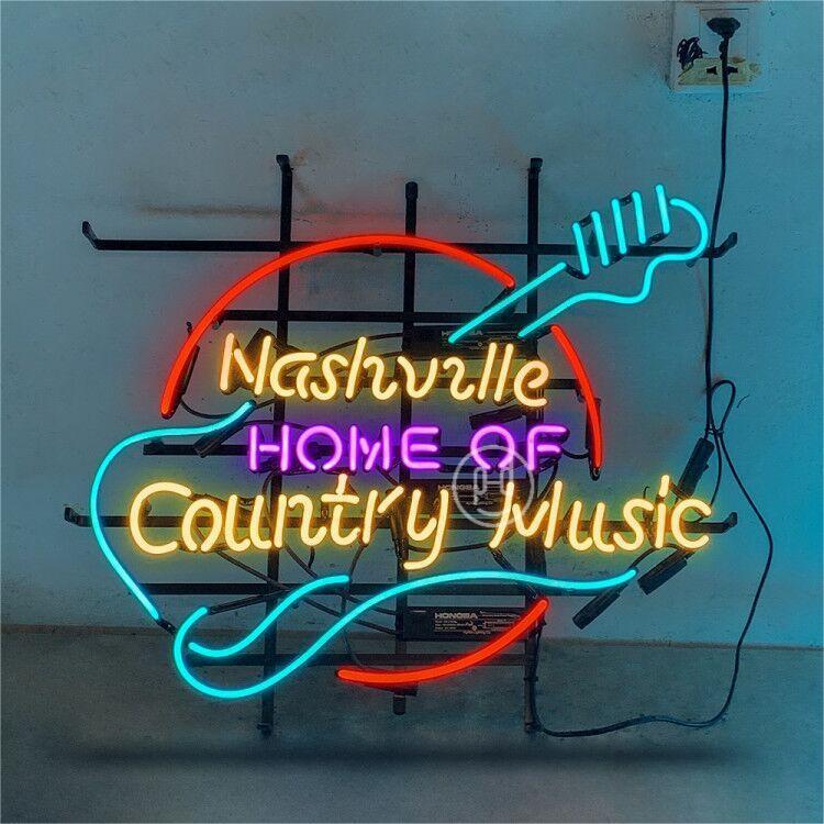 Guitar Nashville Home Of Country Music Neon Sign Light Real Glass Artwork 24x20
