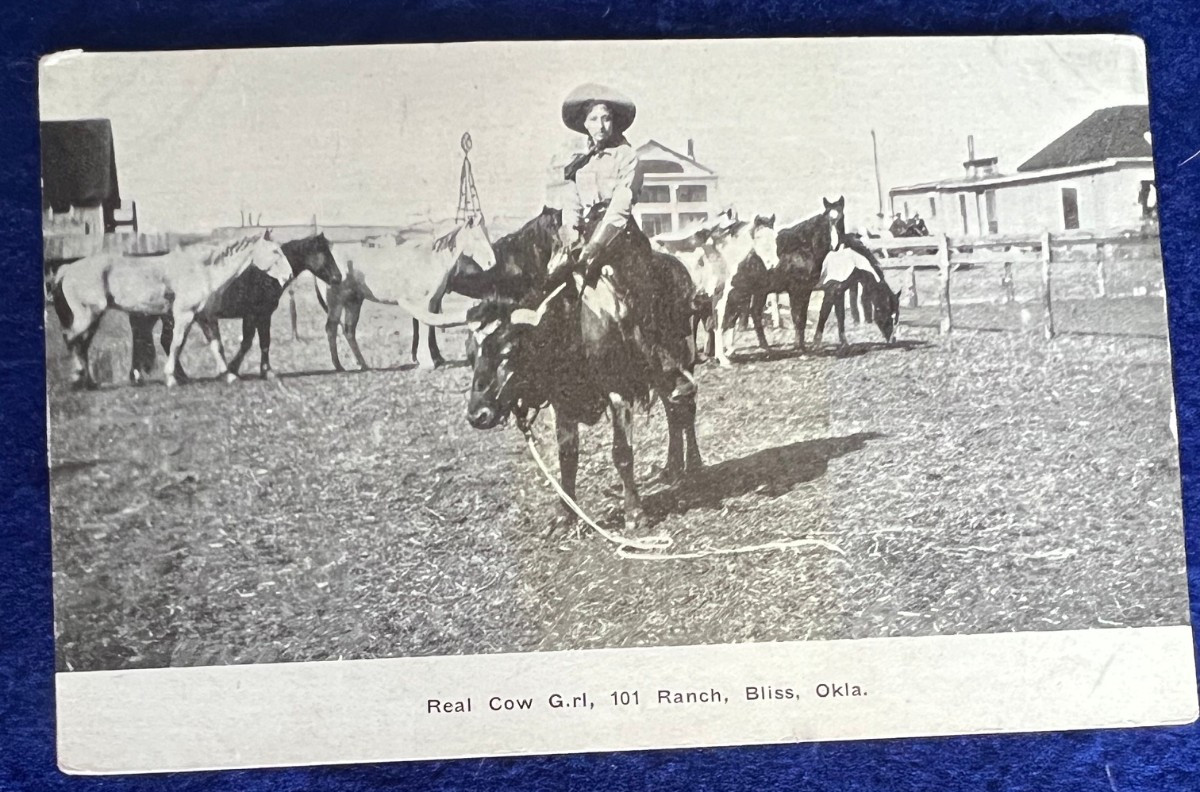Real Cow Girl 101 Ranch Bliss Oklahoma Photo Postcard Cowgirl on Steer Western