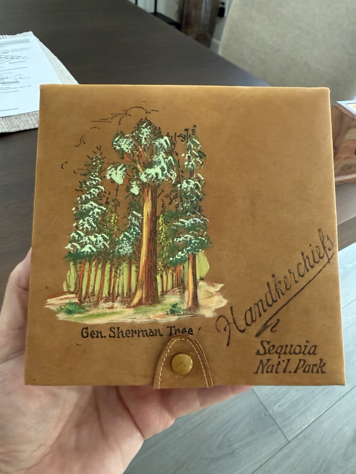 Antique Sequoia National Park Gen. Sherman Leather Handkerchief Box